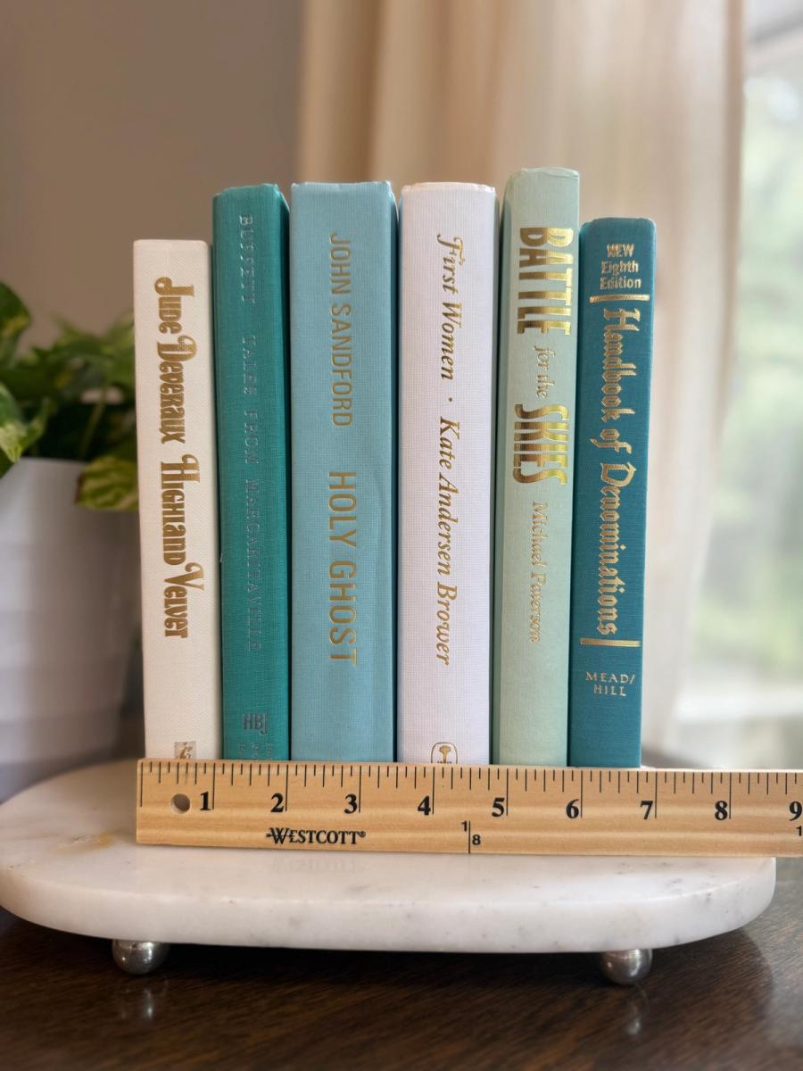 Curated collection of soft blue, aqua, seafoam, and muted coastal-toned books.