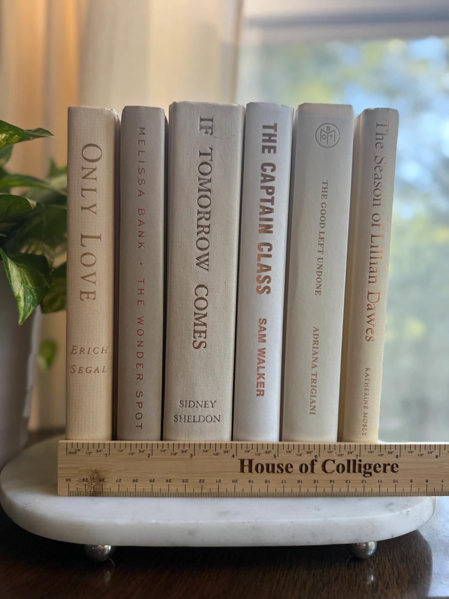 Curated collection of white, ivory, and cream hardcover books with soft neutral tones on a coffee table beside a plant