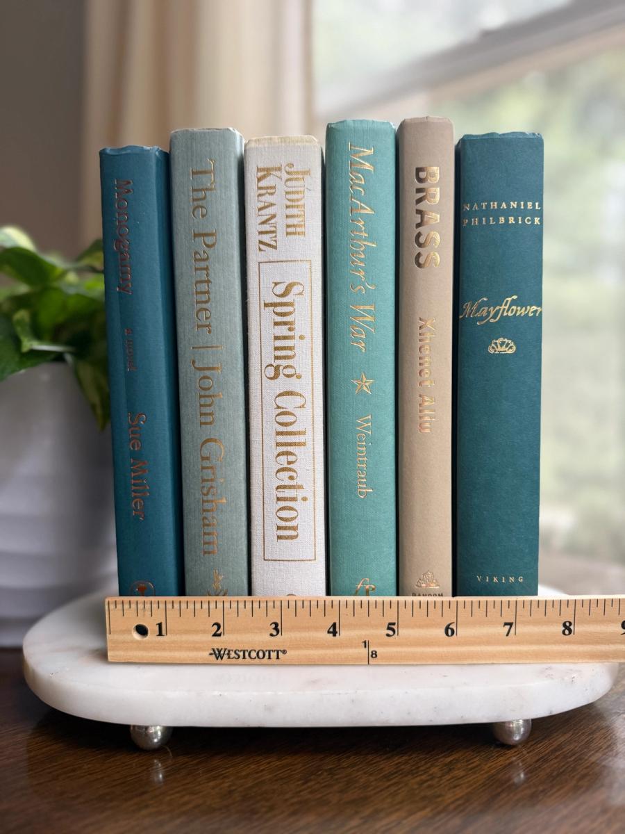 Curated collection of white, pale blue, sand, and soft coastal-neutral books with an airy, sun-faded look.