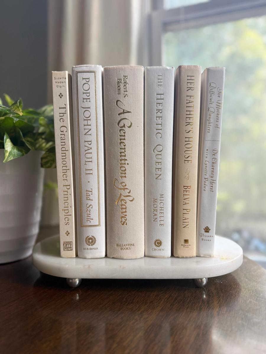 Curated collection of white, ivory, and cream hardcover books with soft neutral tones on a coffee table beside a plant