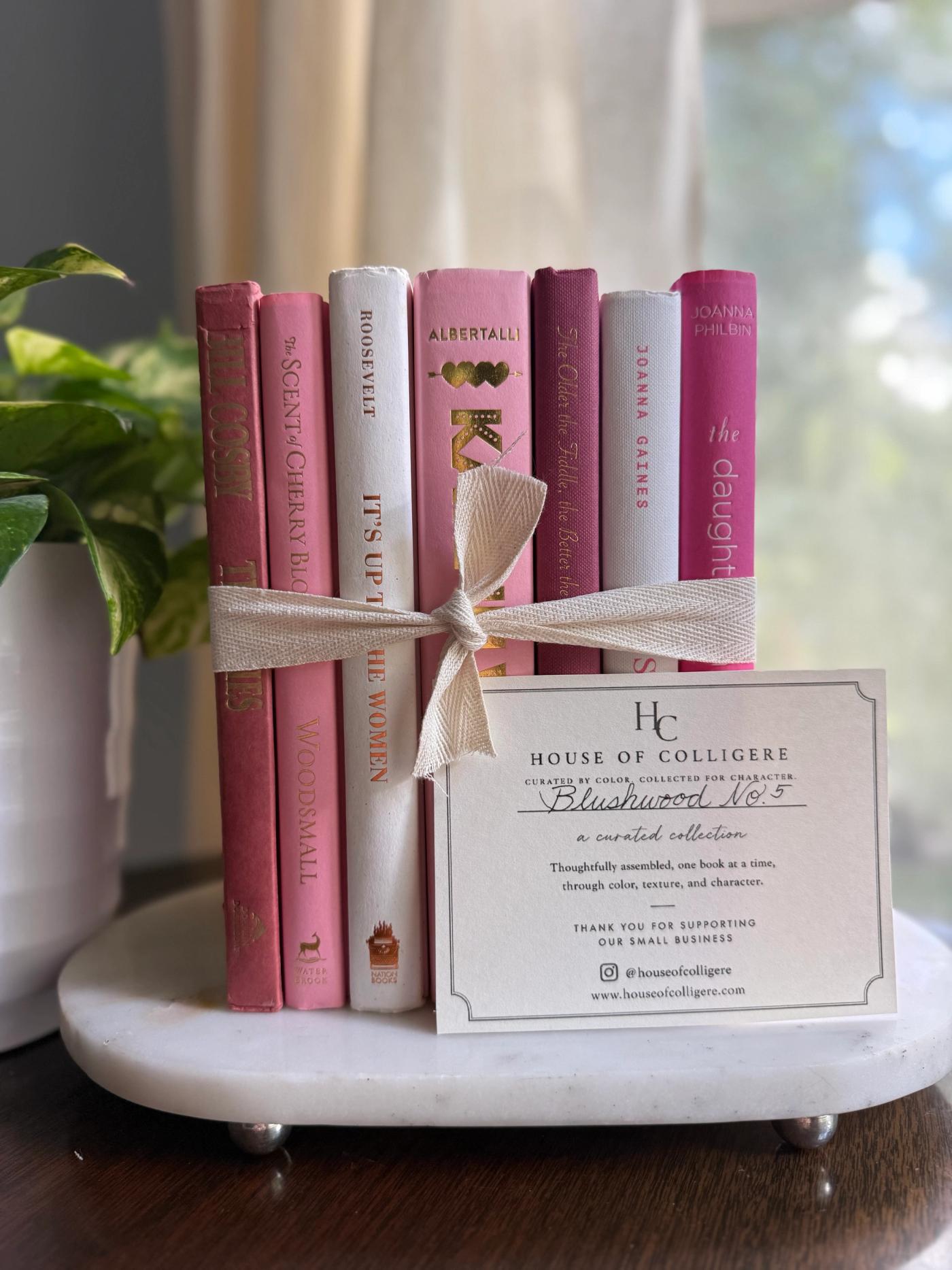 Curated collection of blush, dusty rose, warm taupe, and softly muted neutral books.