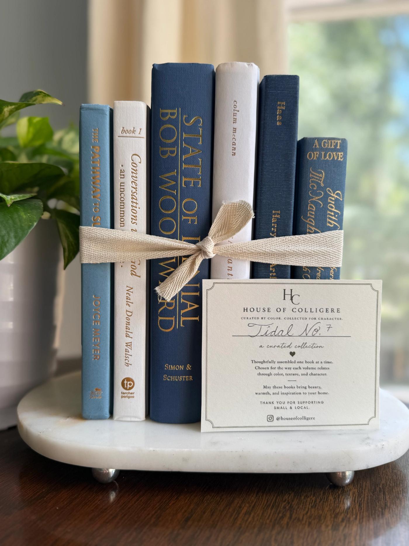 Curated collection of layered blue books ranging from pale coastal blue to deeper ocean tones.