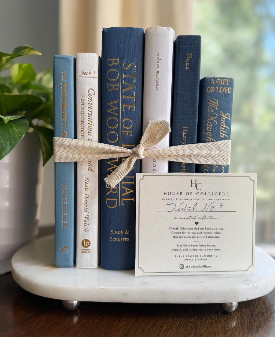 Curated collection of layered blue books ranging from pale coastal blue to deeper ocean tones.