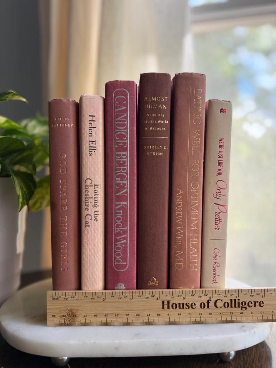 Curated collection of blush, dusty rose, warm taupe, and softly muted neutral books.