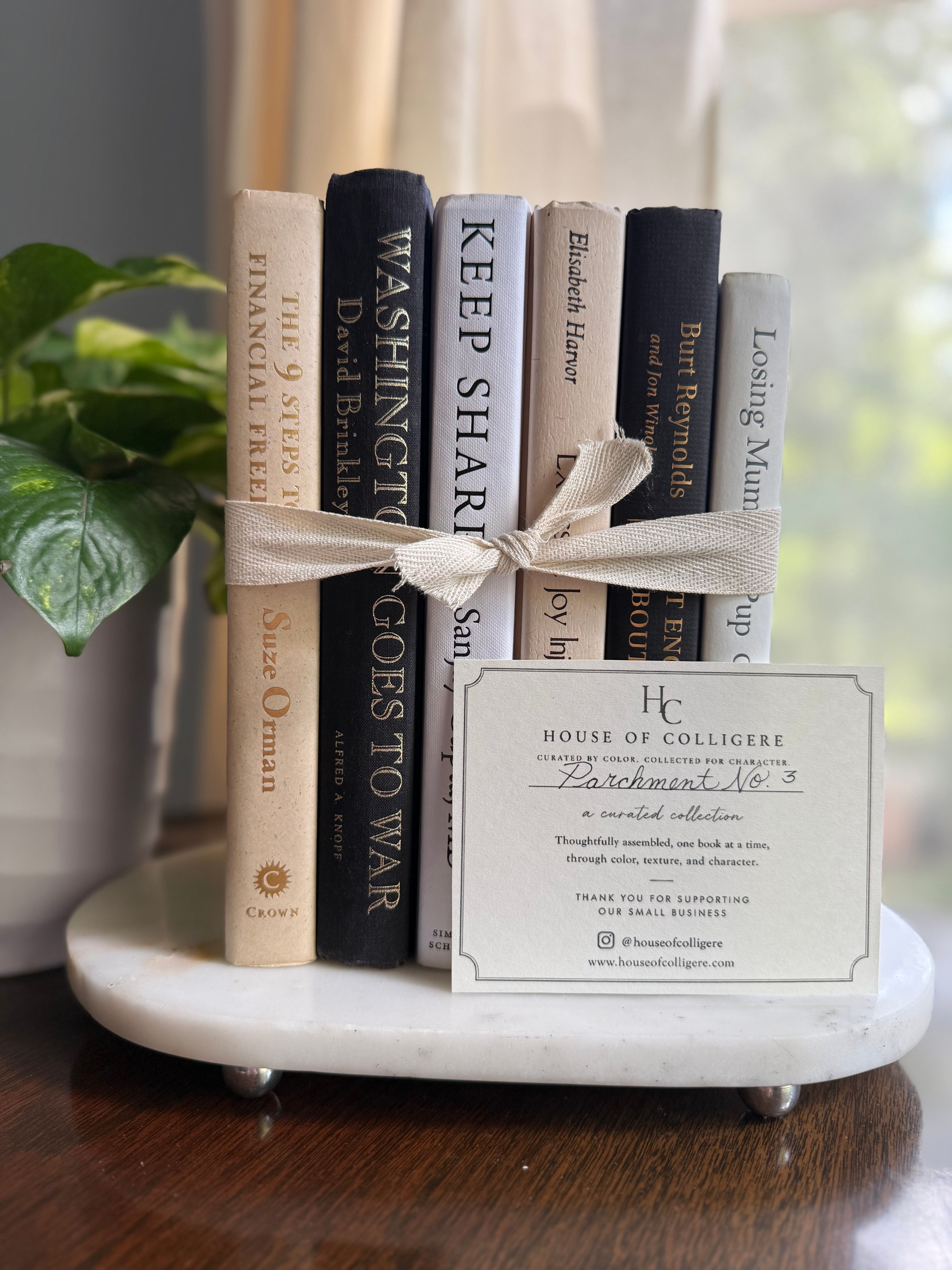 Curated collection of parchment, cream, warm beige, and black books with soft neutral contrast and classic detailing.