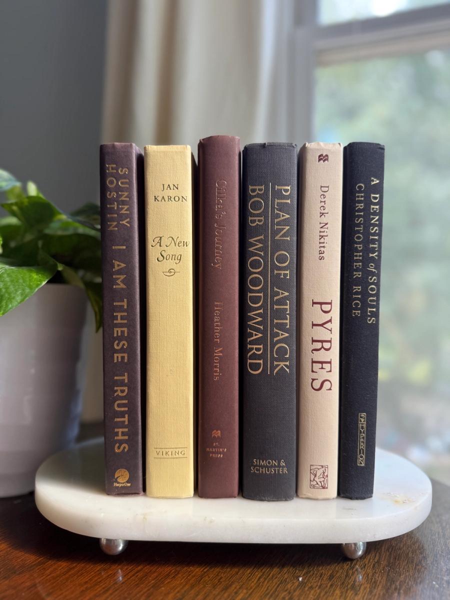 Curated collection of warm brown, olive, tan, and aged neutral books with a traditional library palette.