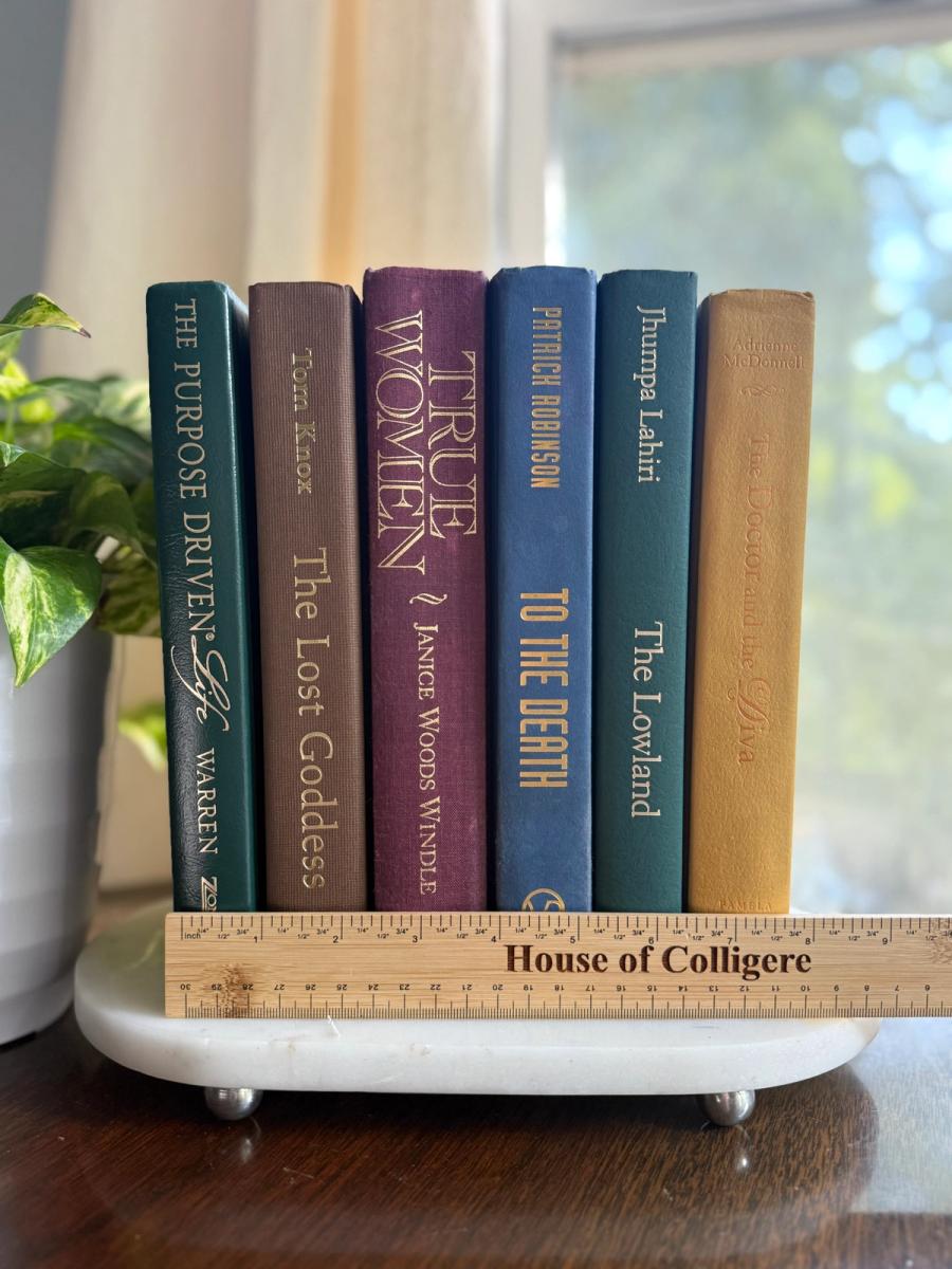 Curated collection of rich brown, hunter green, deep navy, and warm ivory books with classic gold accents.