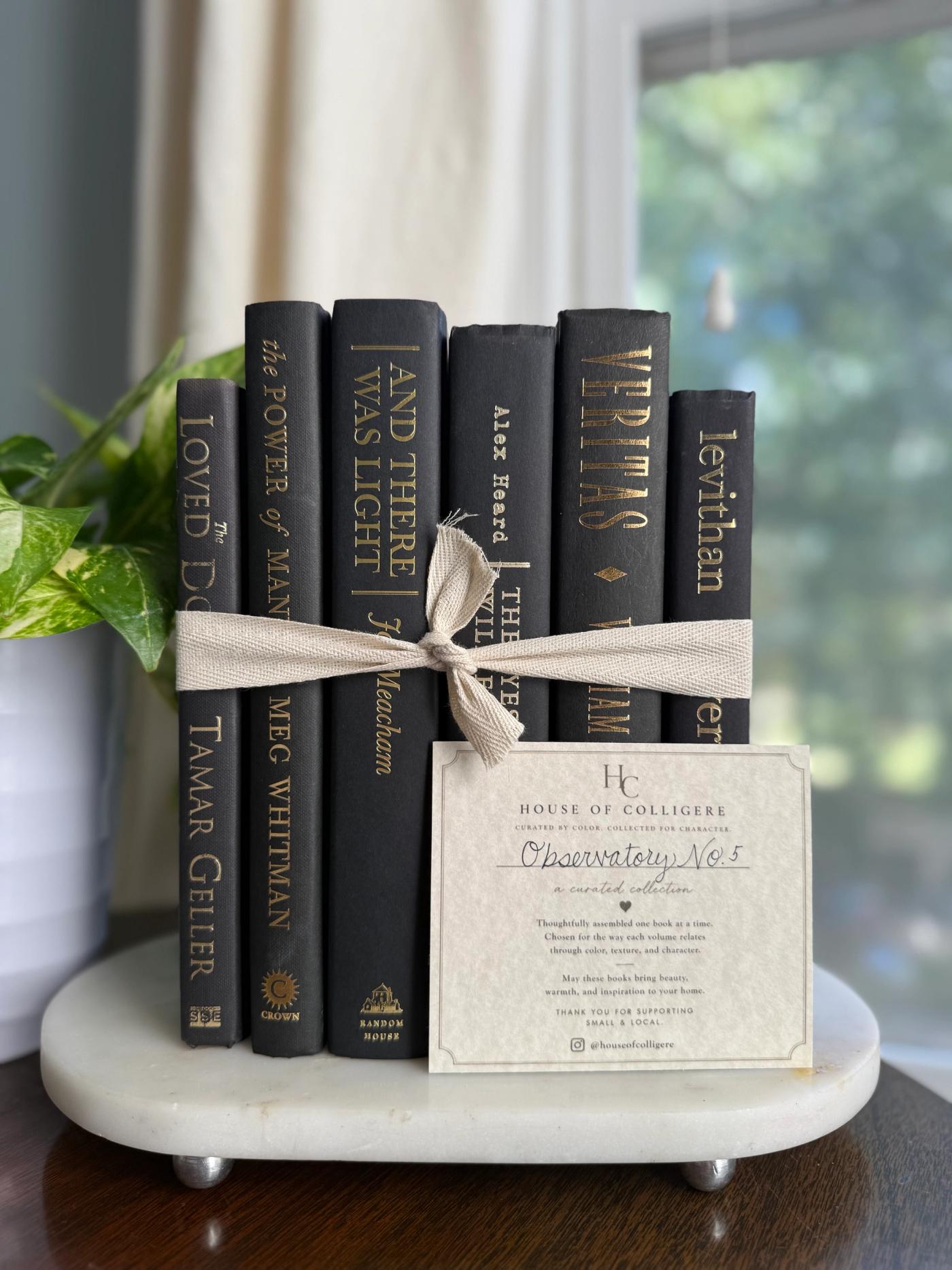 Curated collection of rich charcoal and black books with warm gold lettering and dramatic tonal depth.