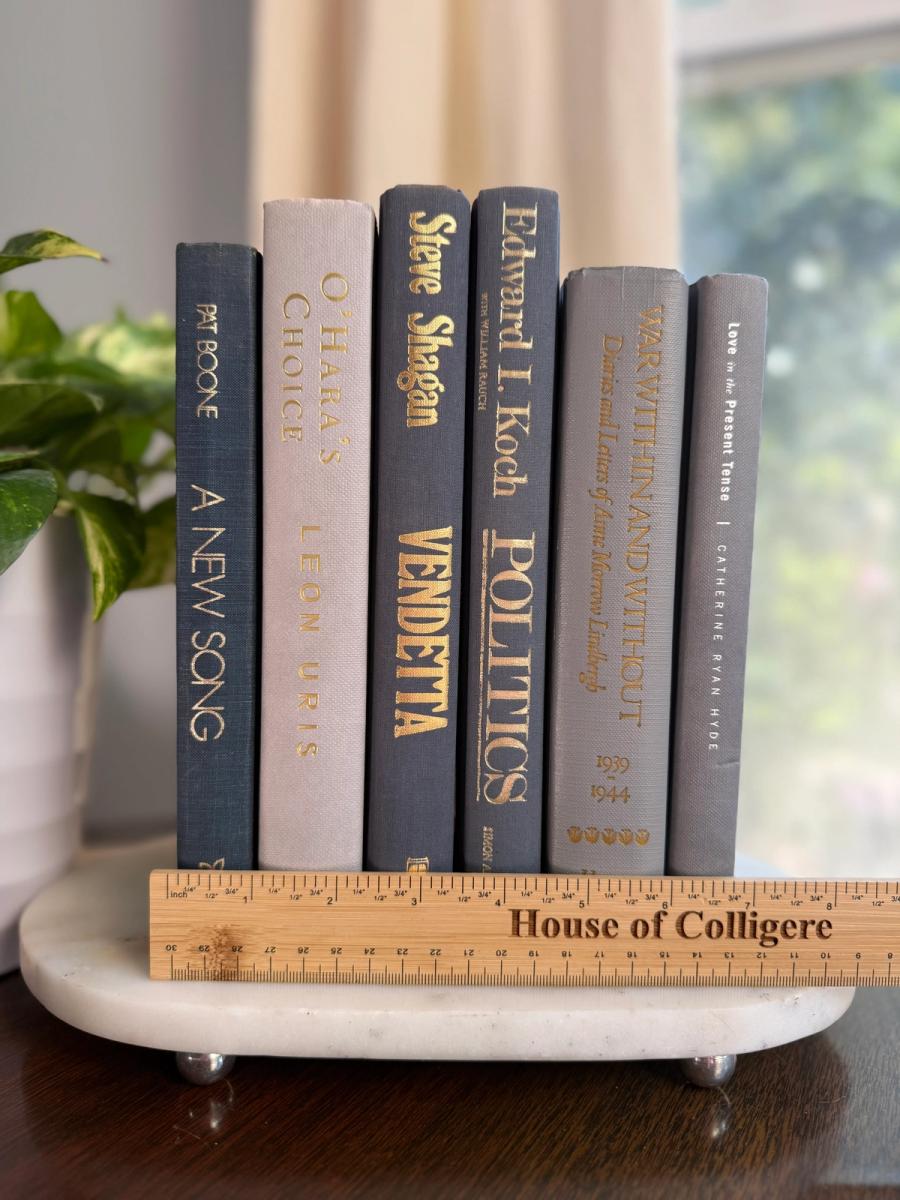 Curated collection of muted blue-gray, slate, charcoal, and softly weathered neutral books.