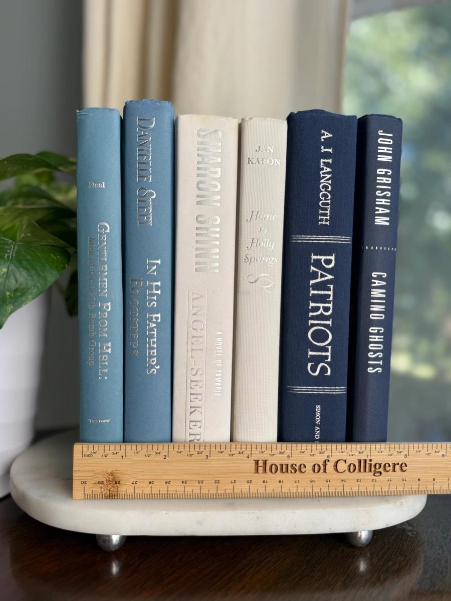 Curated collection of layered blue books ranging from pale coastal blue to deeper ocean tones.