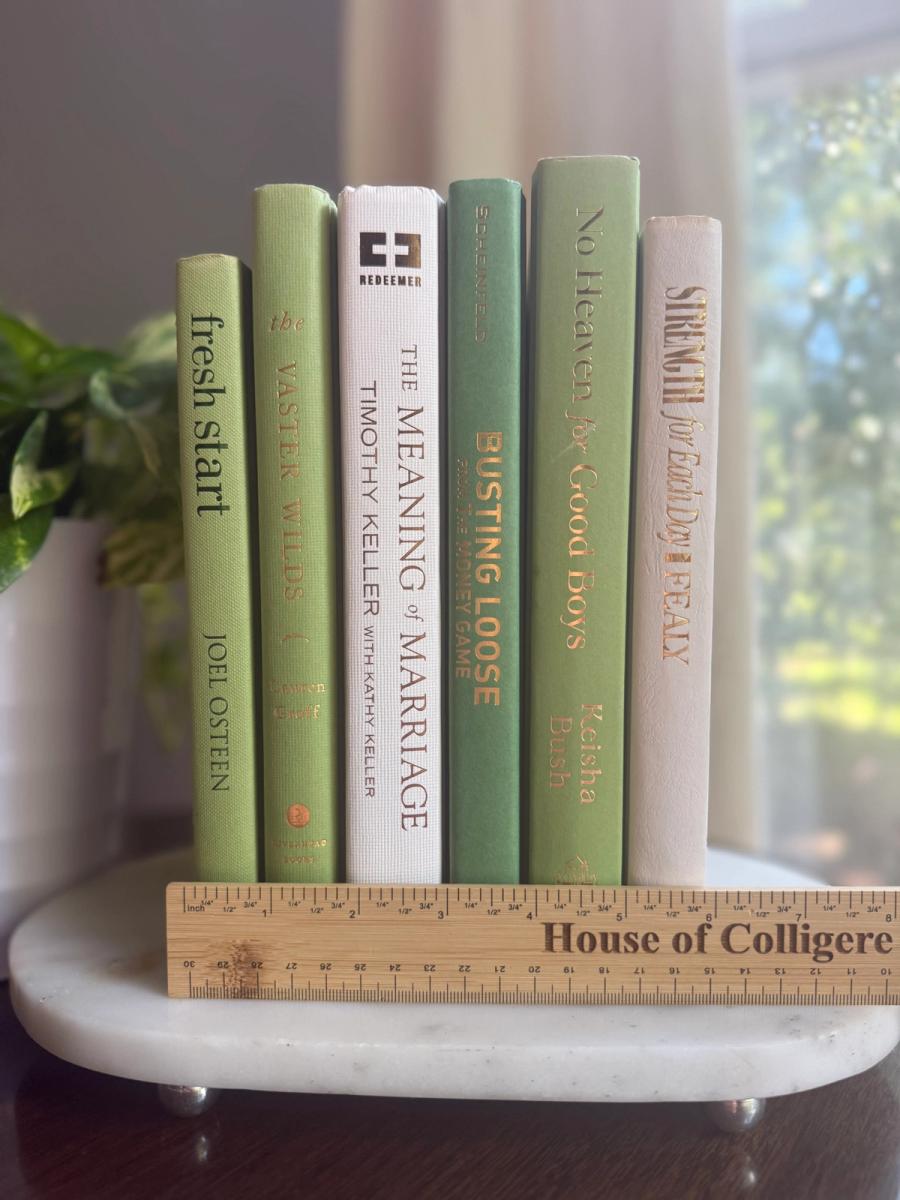 Curated collection of green books ranging from soft sage and olive to deeper botanical tones.
