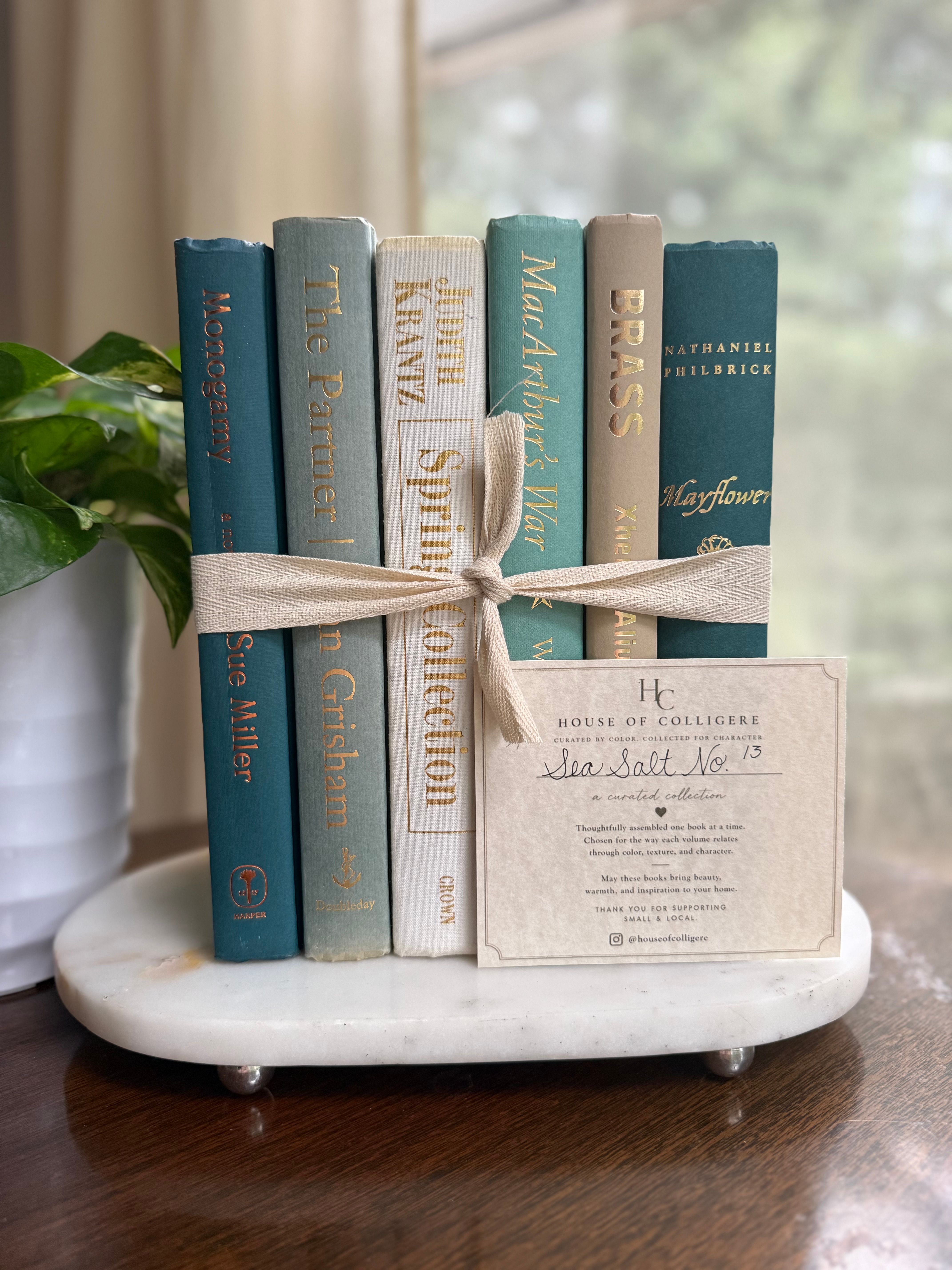 Curated collection of white, pale blue, sand, and soft coastal-neutral books with an airy, sun-faded look.