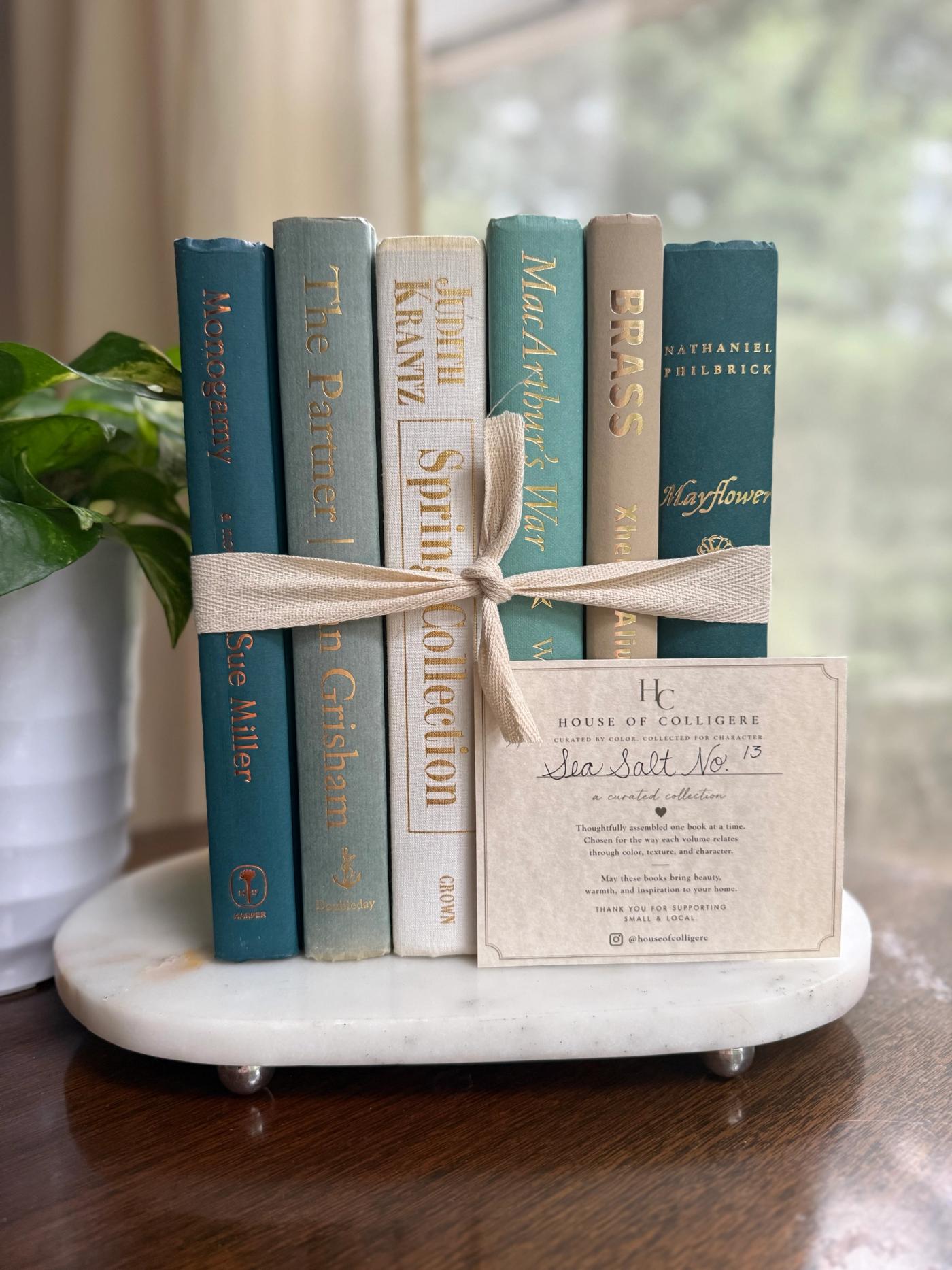 Curated collection of white, pale blue, sand, and soft coastal-neutral books with an airy, sun-faded look.