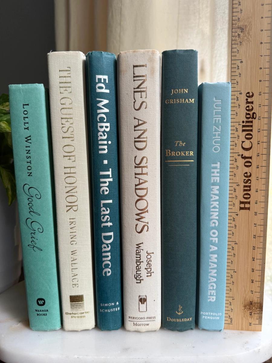 Curated collection of white, pale blue, sand, and soft coastal-neutral books with an airy, sun-faded look.
