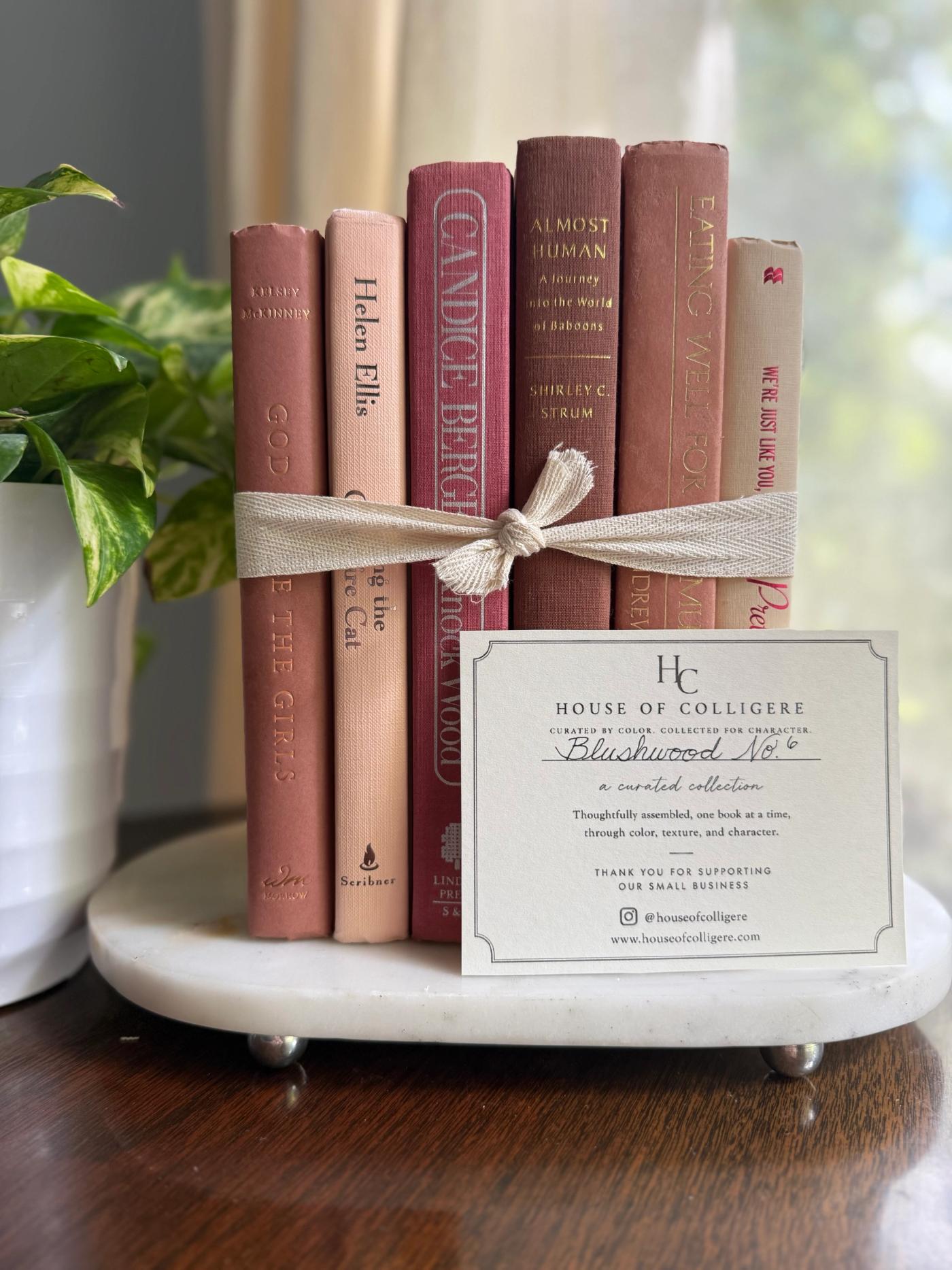 Curated collection of blush, dusty rose, warm taupe, and softly muted neutral books.