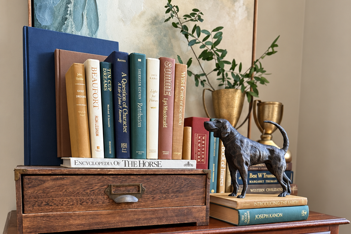 Curated collection of rich brown, hunter green, deep navy, and warm ivory books with classic gold accents.
