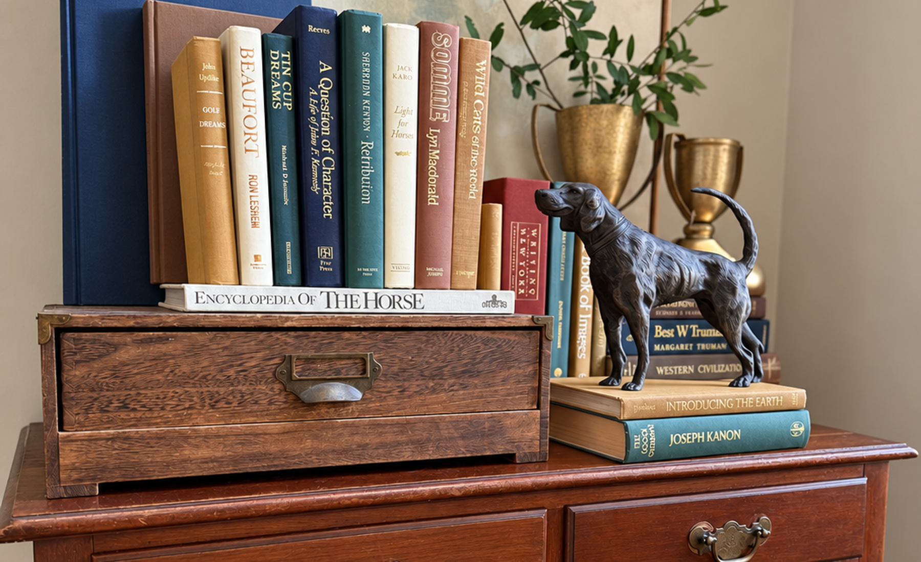 Curated collection of rich brown, hunter green, deep navy, and warm ivory books with classic gold accents.