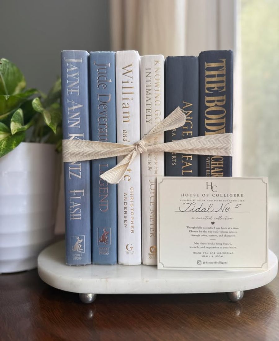 Curated collection of layered blue books ranging from pale coastal blue to deeper ocean tones.