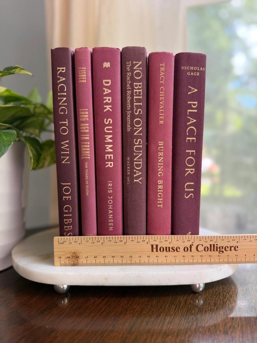 Curated collection of blush, dusty rose, warm taupe, and softly muted neutral books.