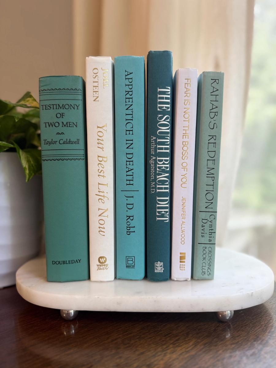 Curated collection of soft blue, aqua, seafoam, and muted coastal-toned books.