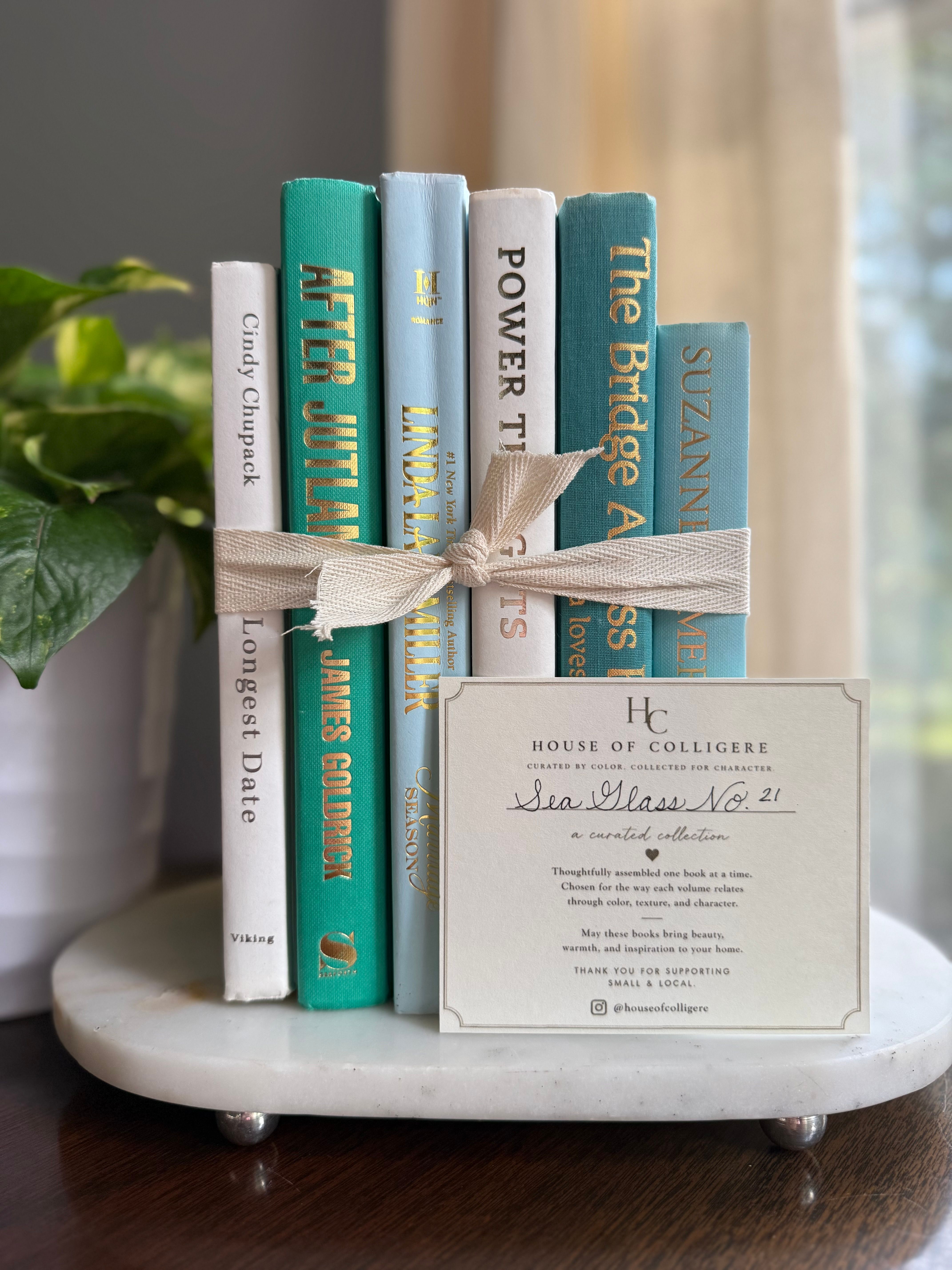 Curated collection of soft blue, aqua, seafoam, and muted coastal-toned books.