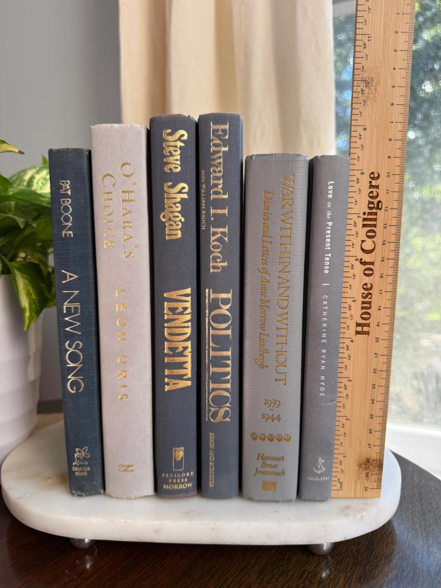 Curated collection of muted blue-gray, slate, charcoal, and softly weathered neutral books.
