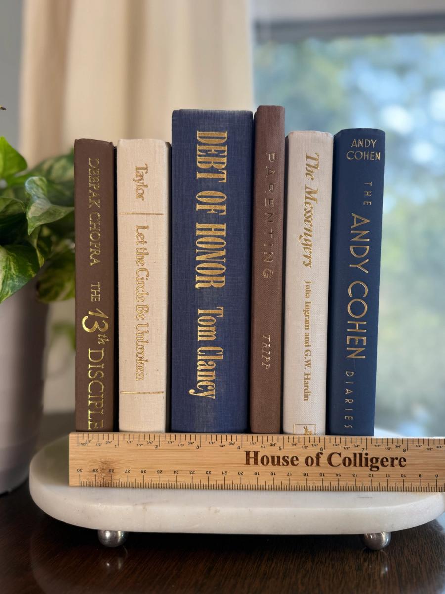 Curated collection of weathered blue, oyster, sand, linen, and driftwood-toned books with soft coastal character.