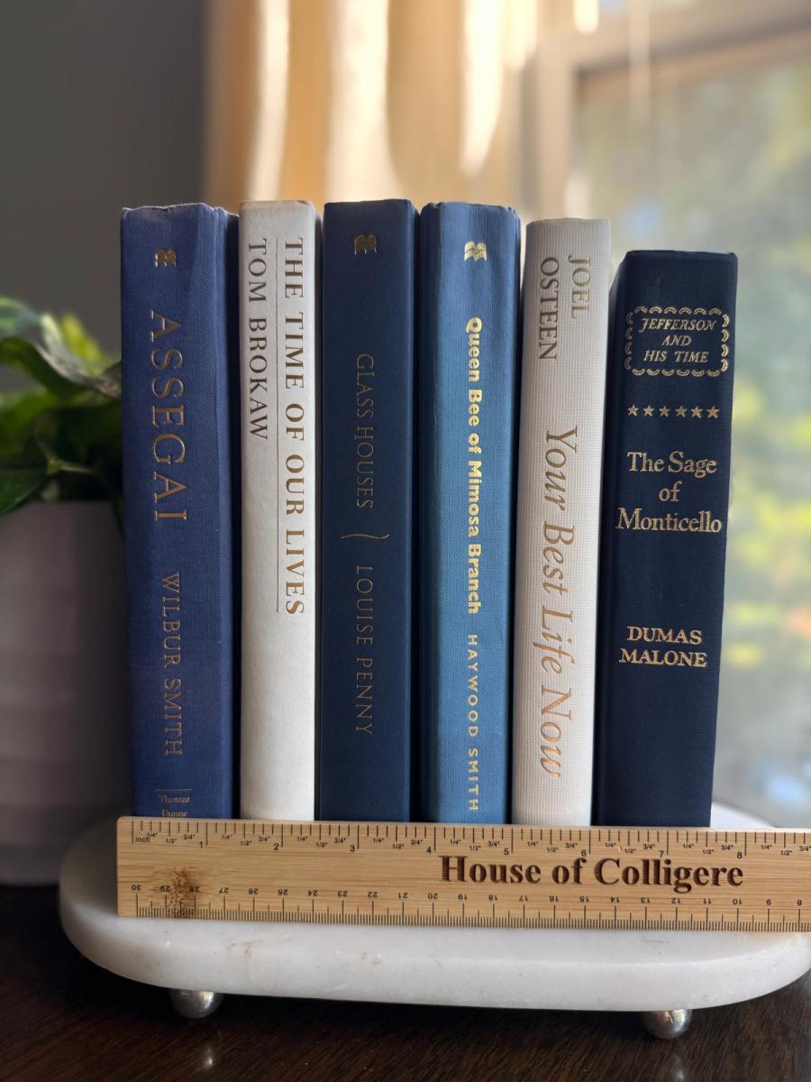 Curated collection of layered blue books ranging from pale coastal blue to deeper ocean tones.
