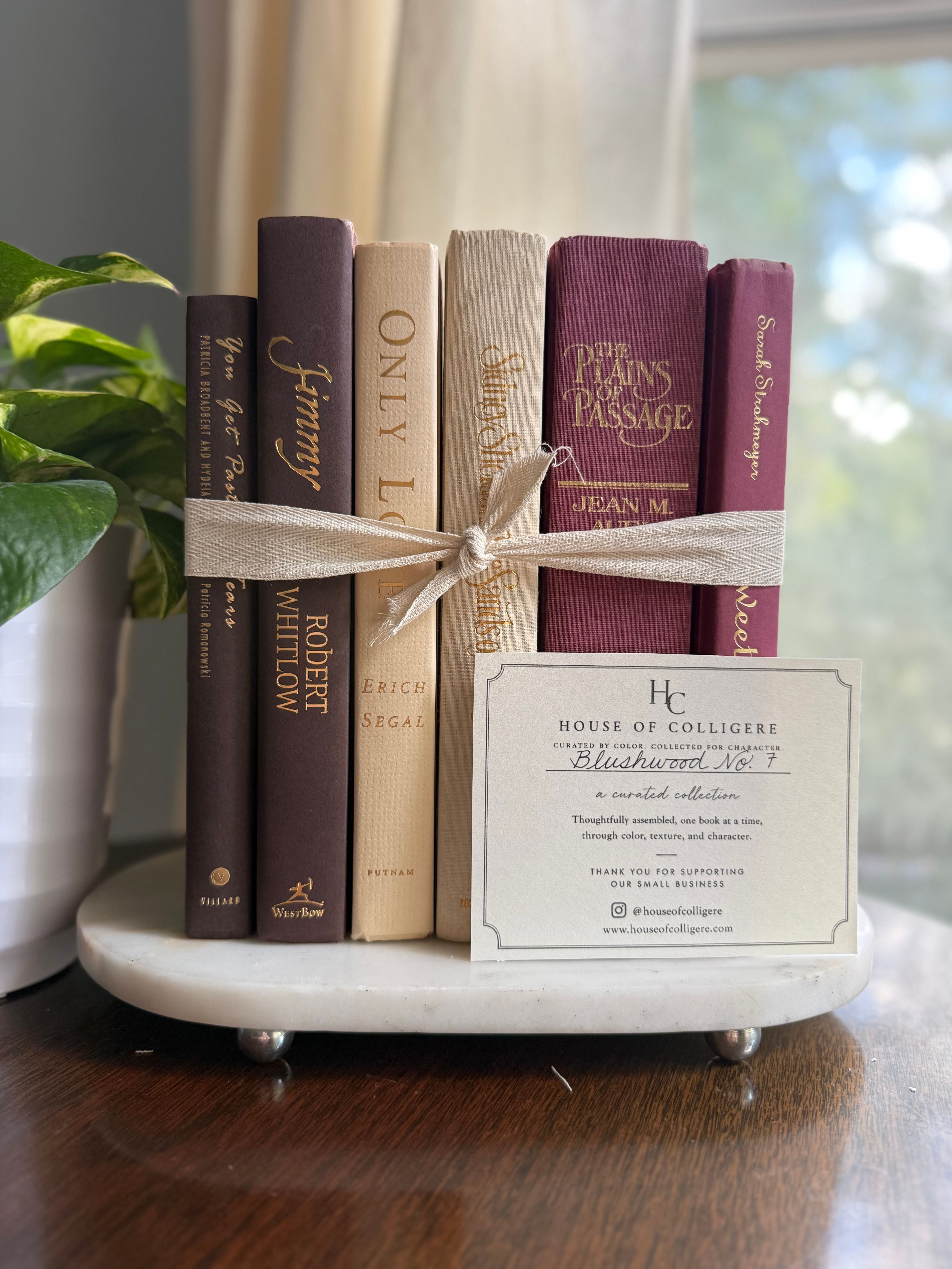Curated collection of blush, dusty rose, warm taupe, and softly muted neutral books.