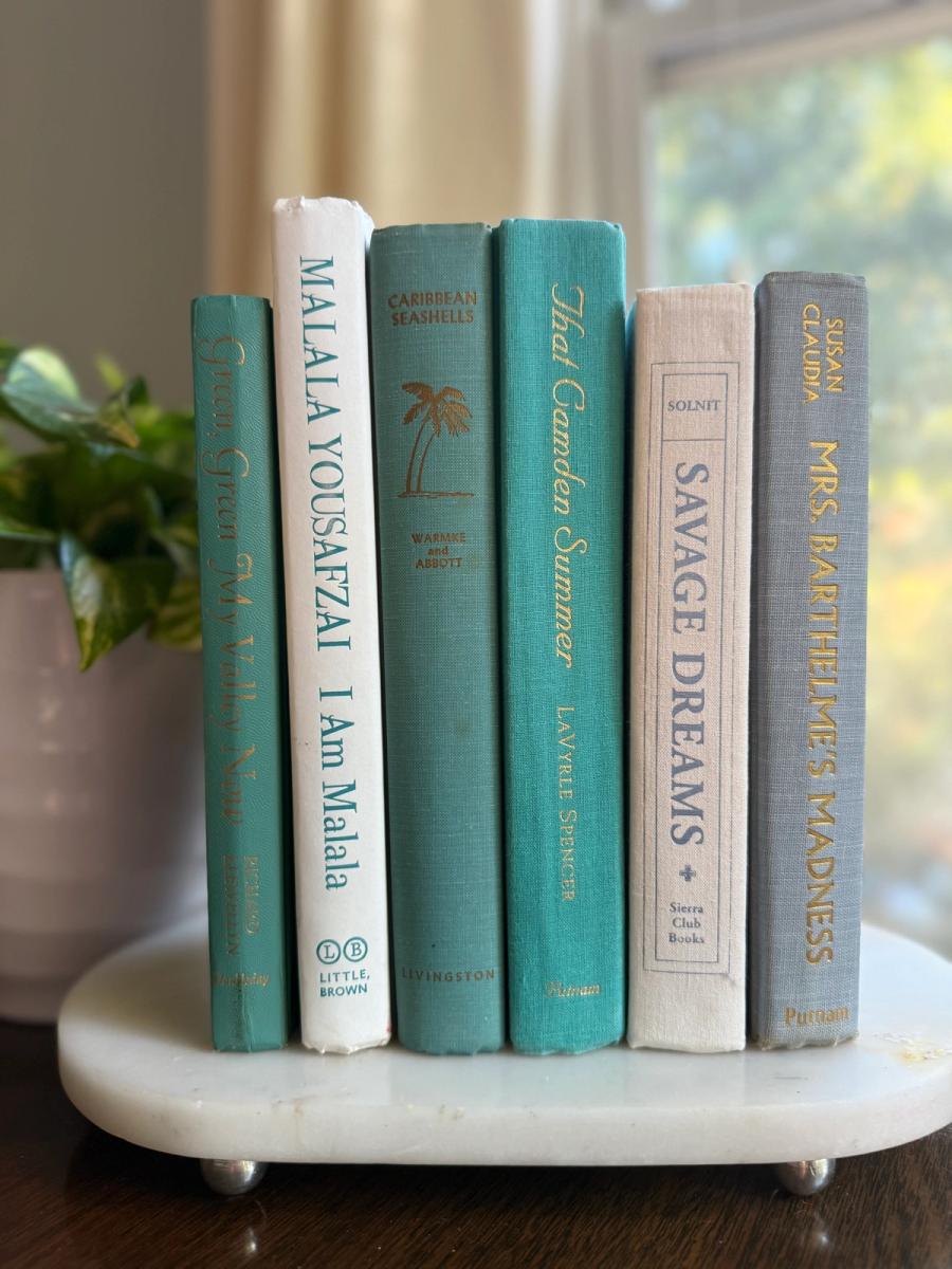 Curated collection of soft blue, aqua, seafoam, and muted coastal-toned books.
