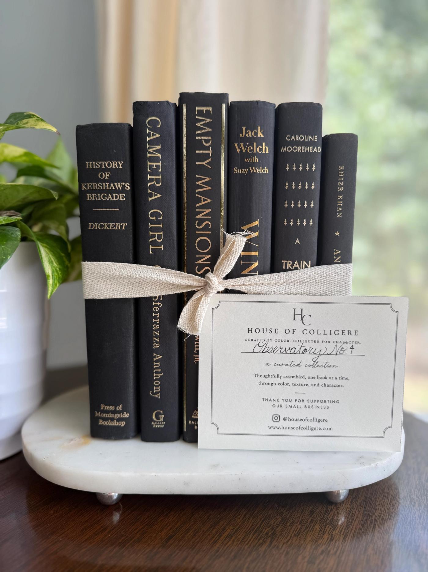 Curated collection of rich charcoal and black books with warm gold lettering and dramatic tonal depth.