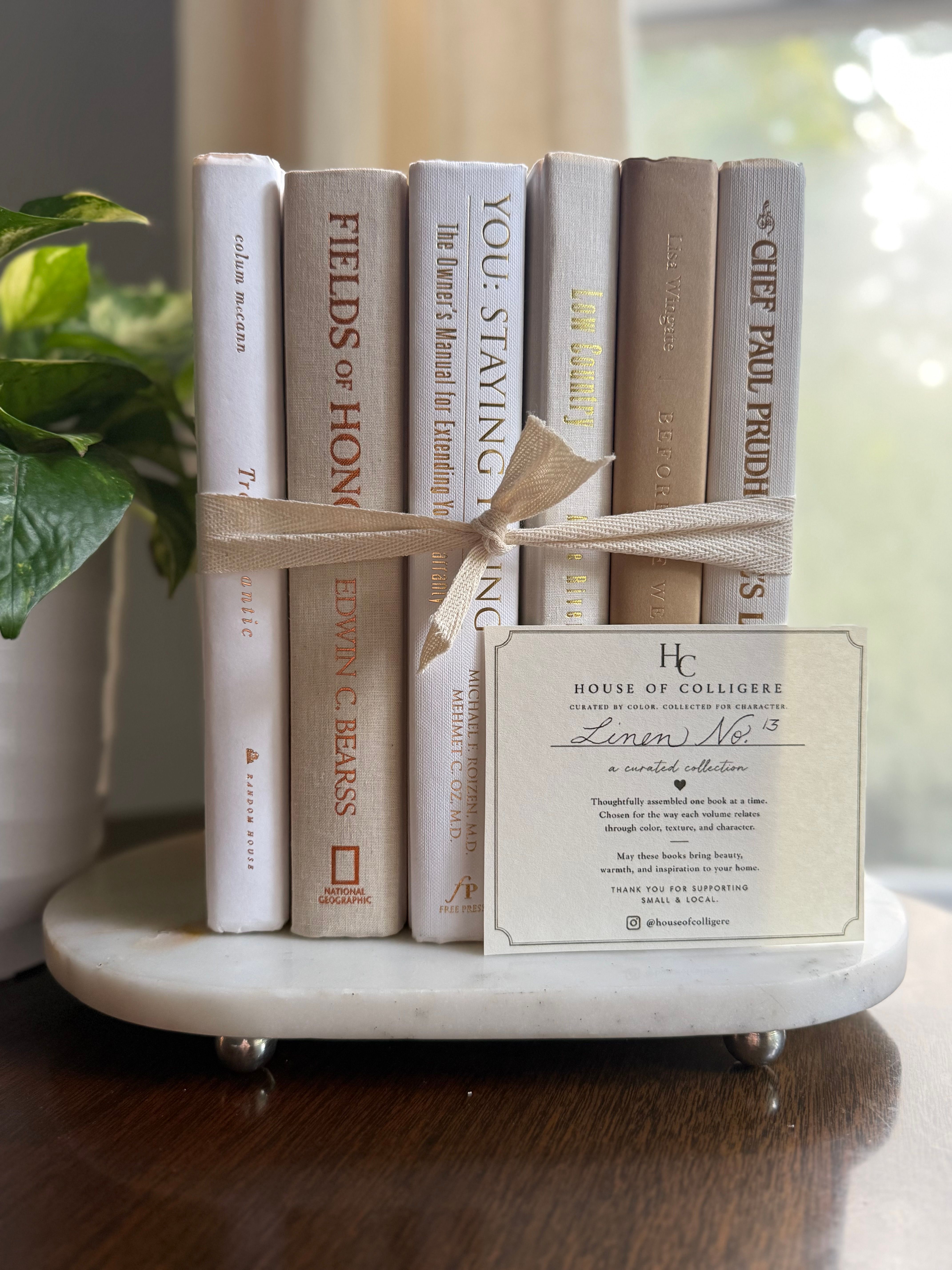 Curated collection of crisp white, ivory, and warm cream books with soft neutral tones.