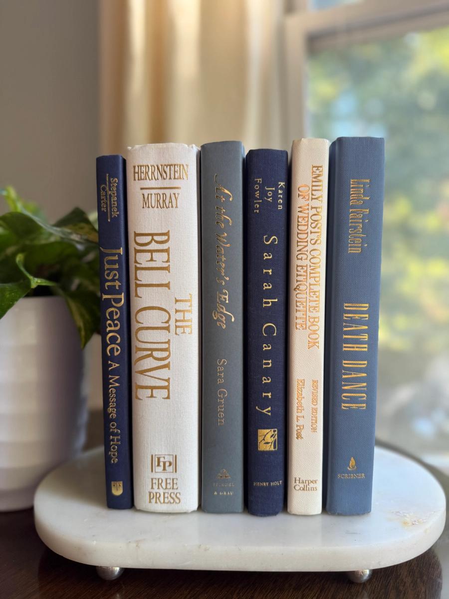 Curated collection of layered blue books ranging from pale coastal blue to deeper ocean tones.