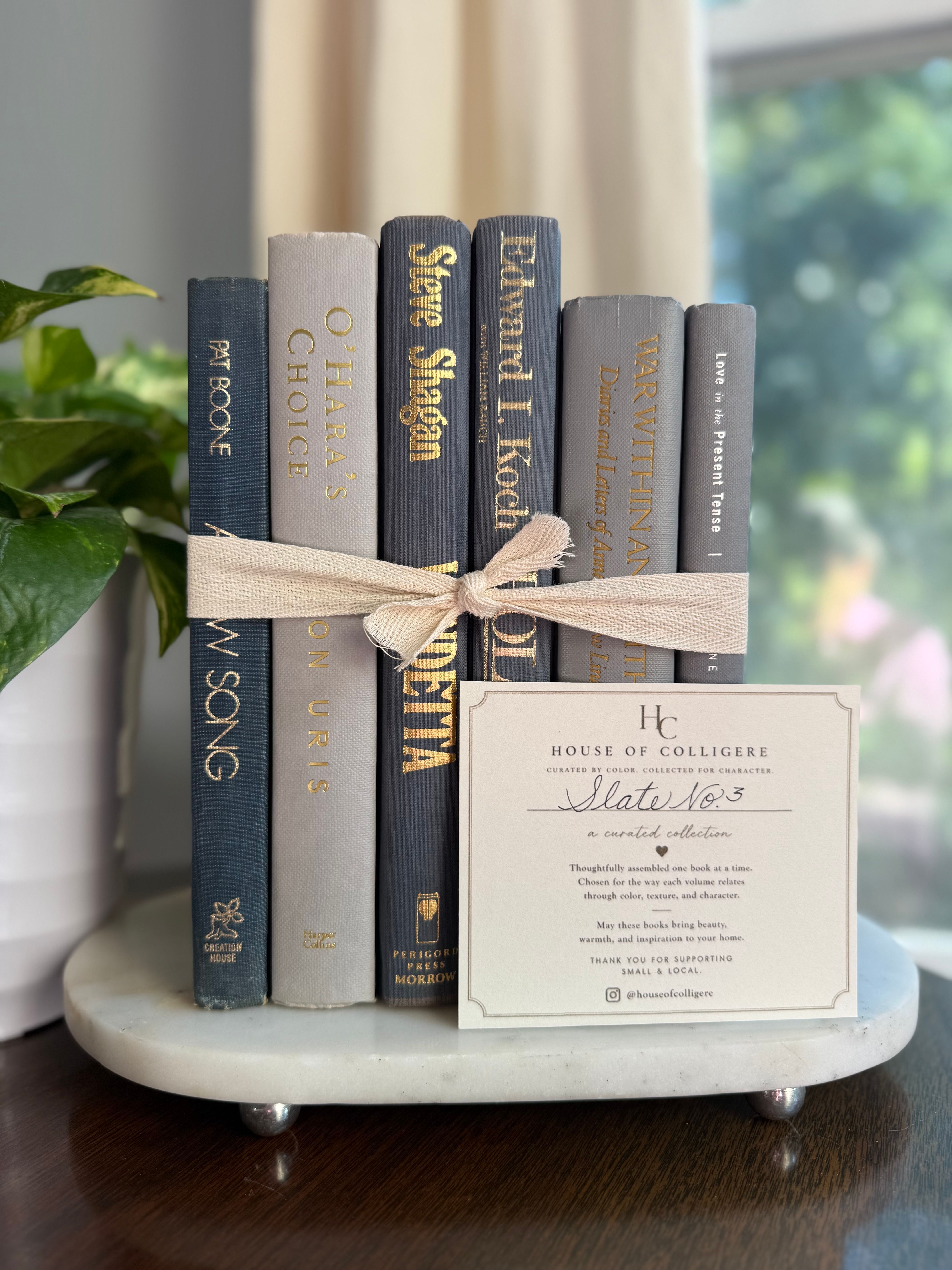 Curated collection of muted blue-gray, slate, charcoal, and softly weathered neutral books.