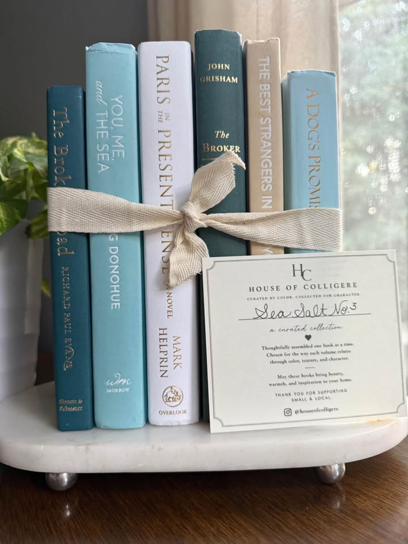 Curated collection of white, pale blue, sand, and soft coastal-neutral books with an airy, sun-faded look.