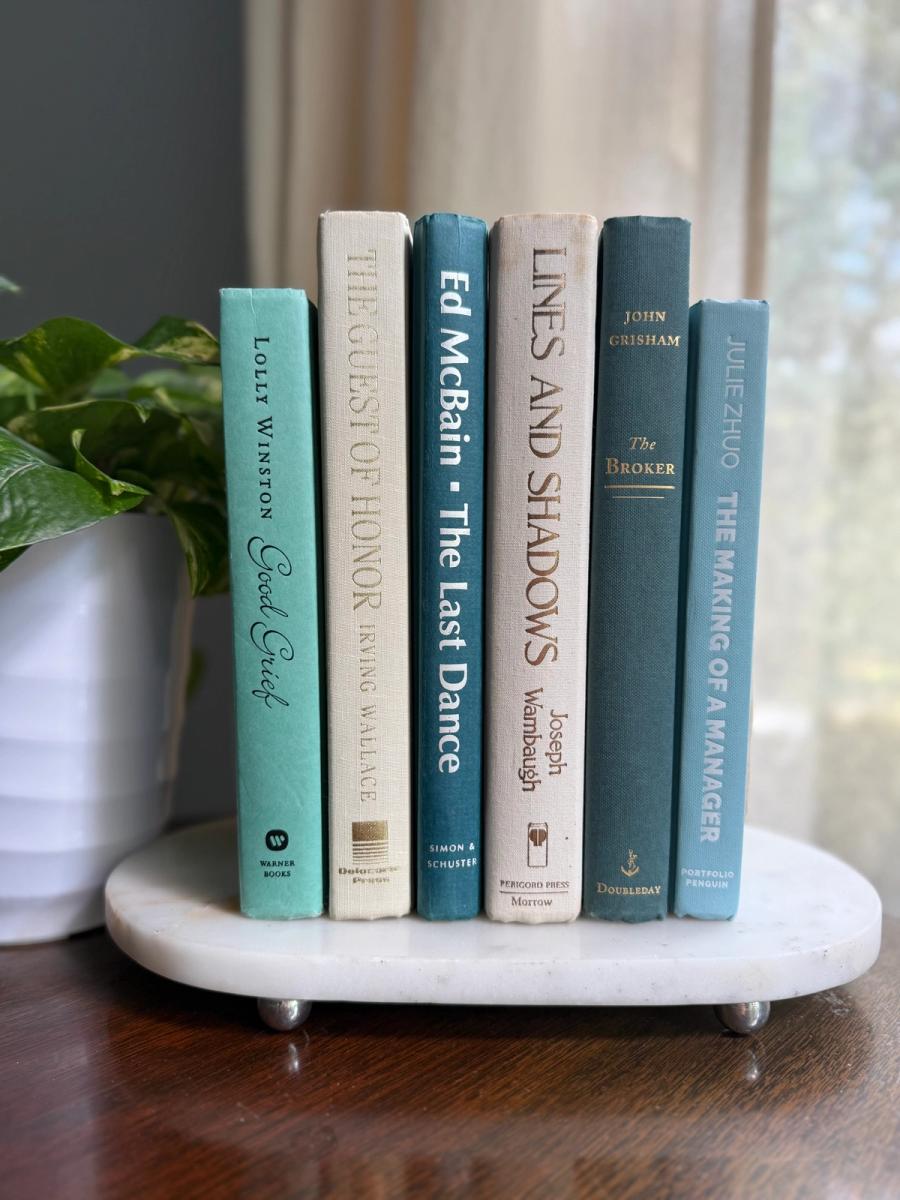 Curated collection of white, pale blue, sand, and soft coastal-neutral books with an airy, sun-faded look.