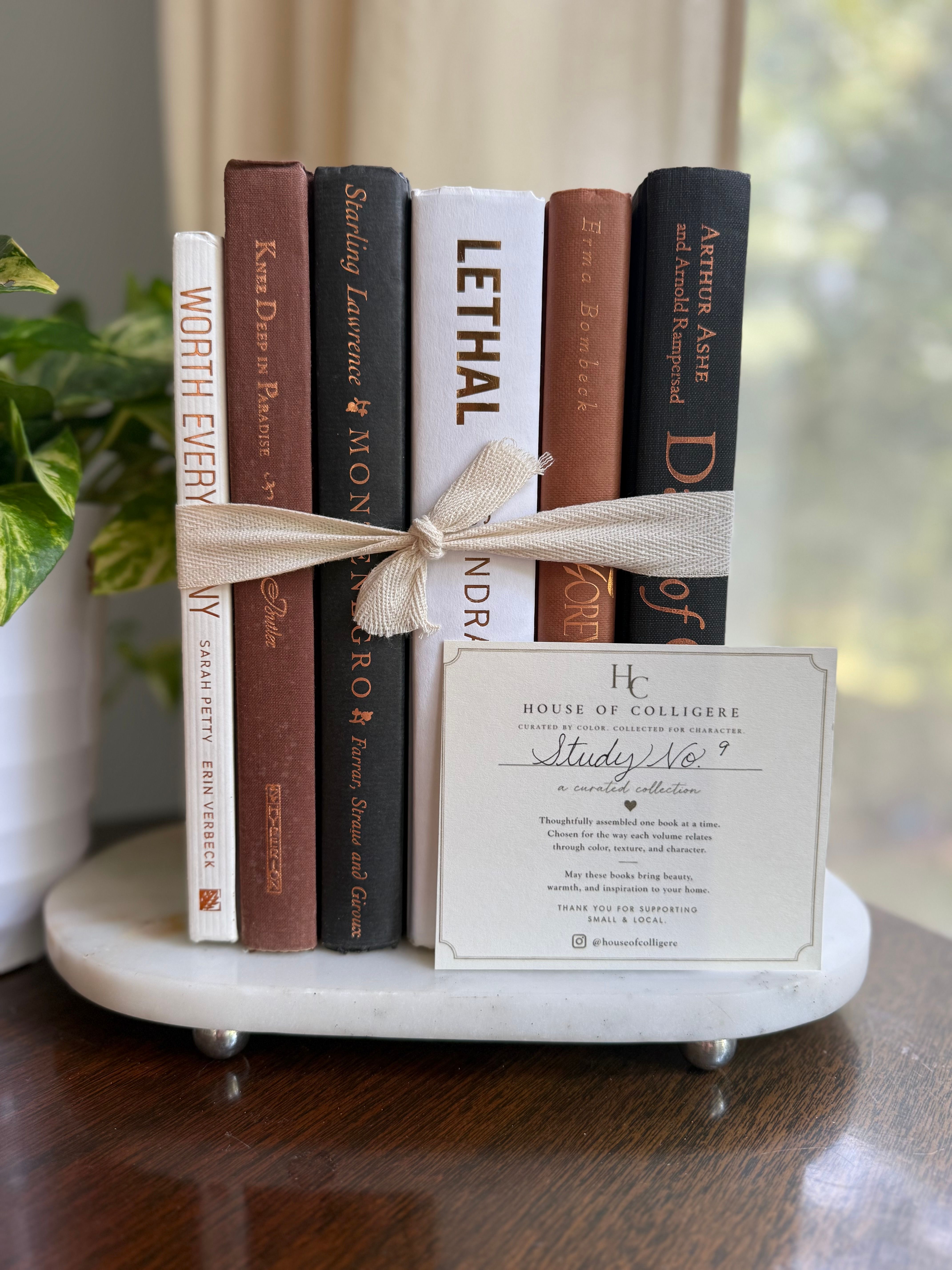 Curated collection of warm brown, olive, tan, and aged neutral books with a traditional library palette.