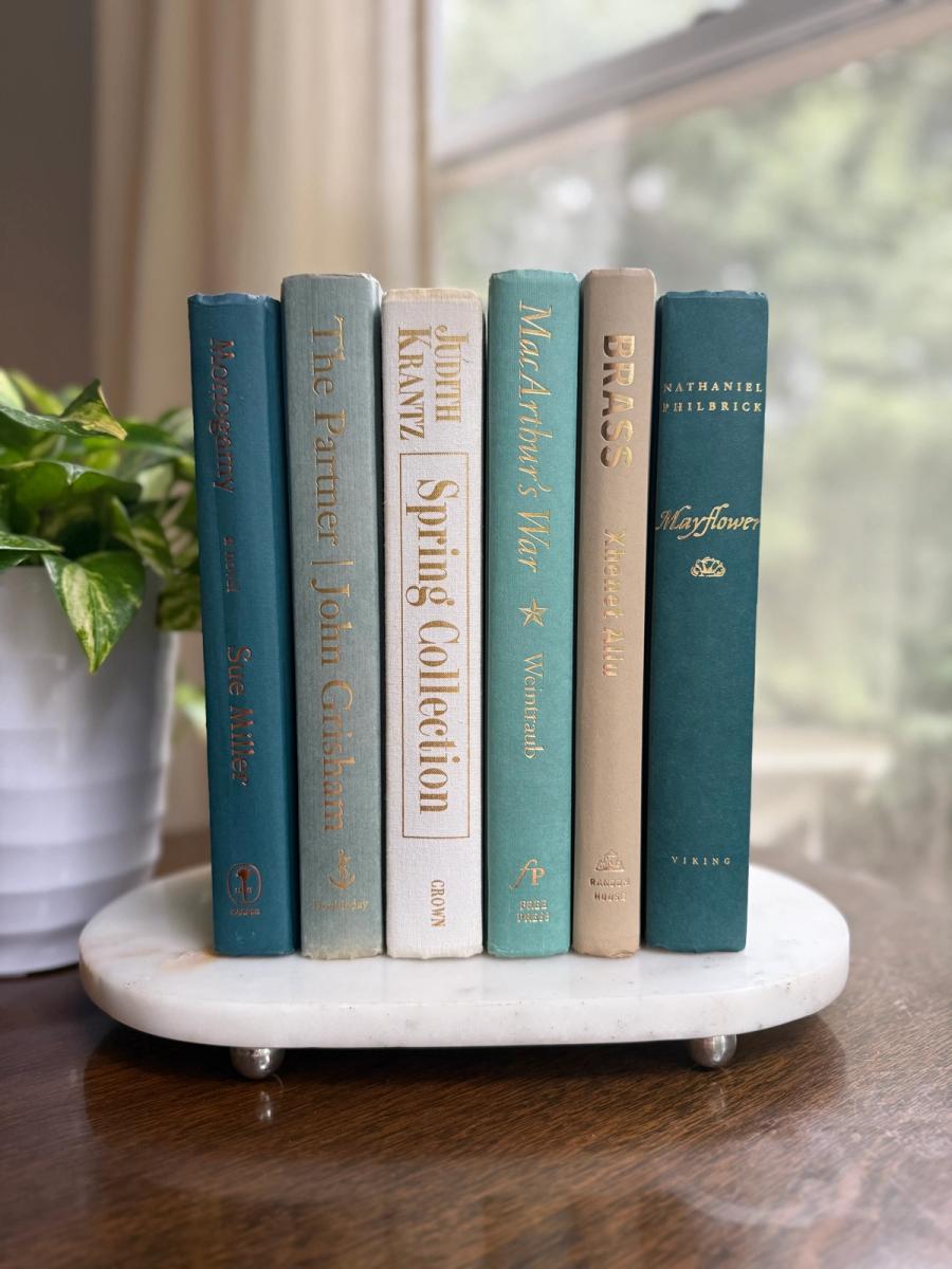Curated collection of white, pale blue, sand, and soft coastal-neutral books with an airy, sun-faded look.