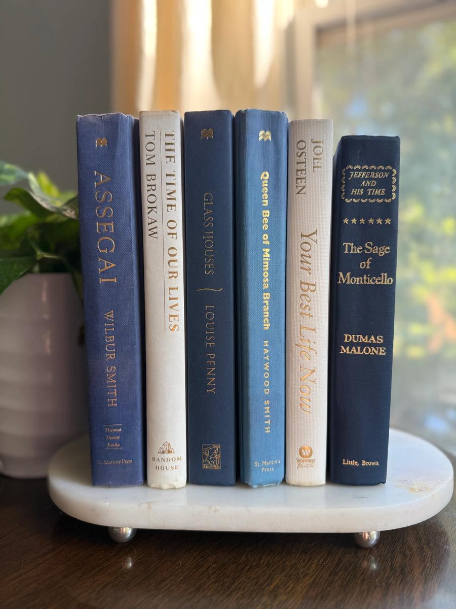 Curated collection of layered blue books ranging from pale coastal blue to deeper ocean tones.