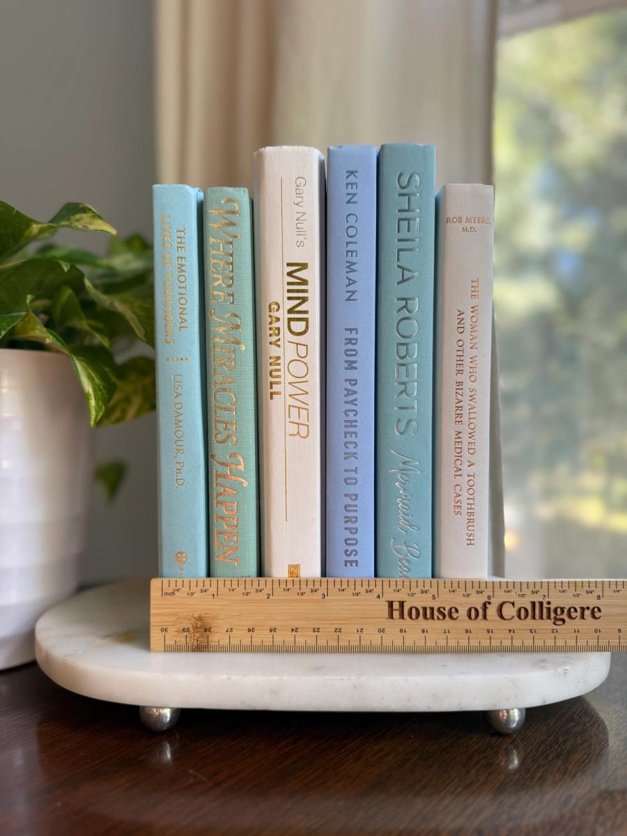 Curated collection of soft blue, aqua, seafoam, and muted coastal-toned books.