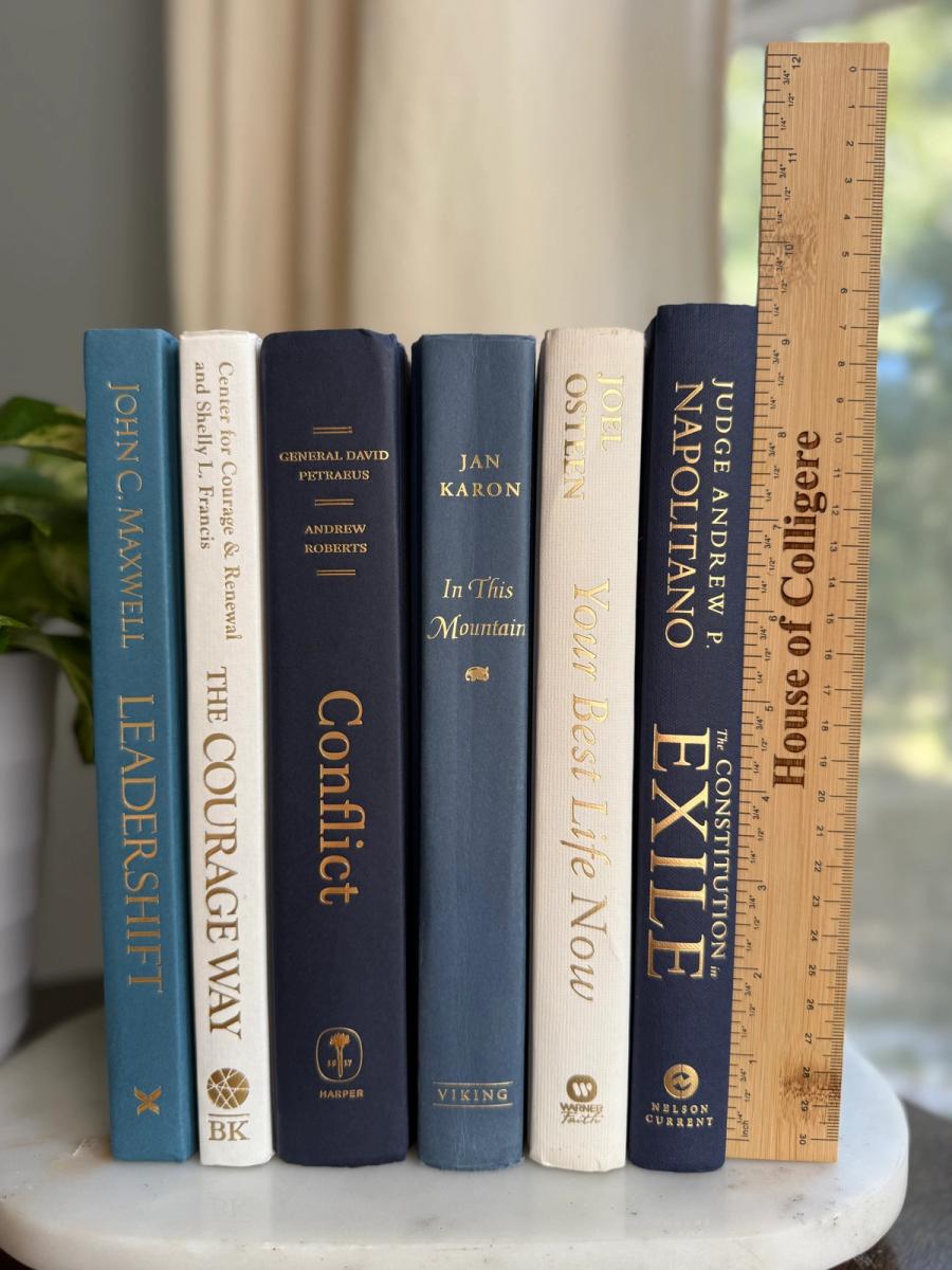Curated collection of layered blue books ranging from pale coastal blue to deeper ocean tones.
