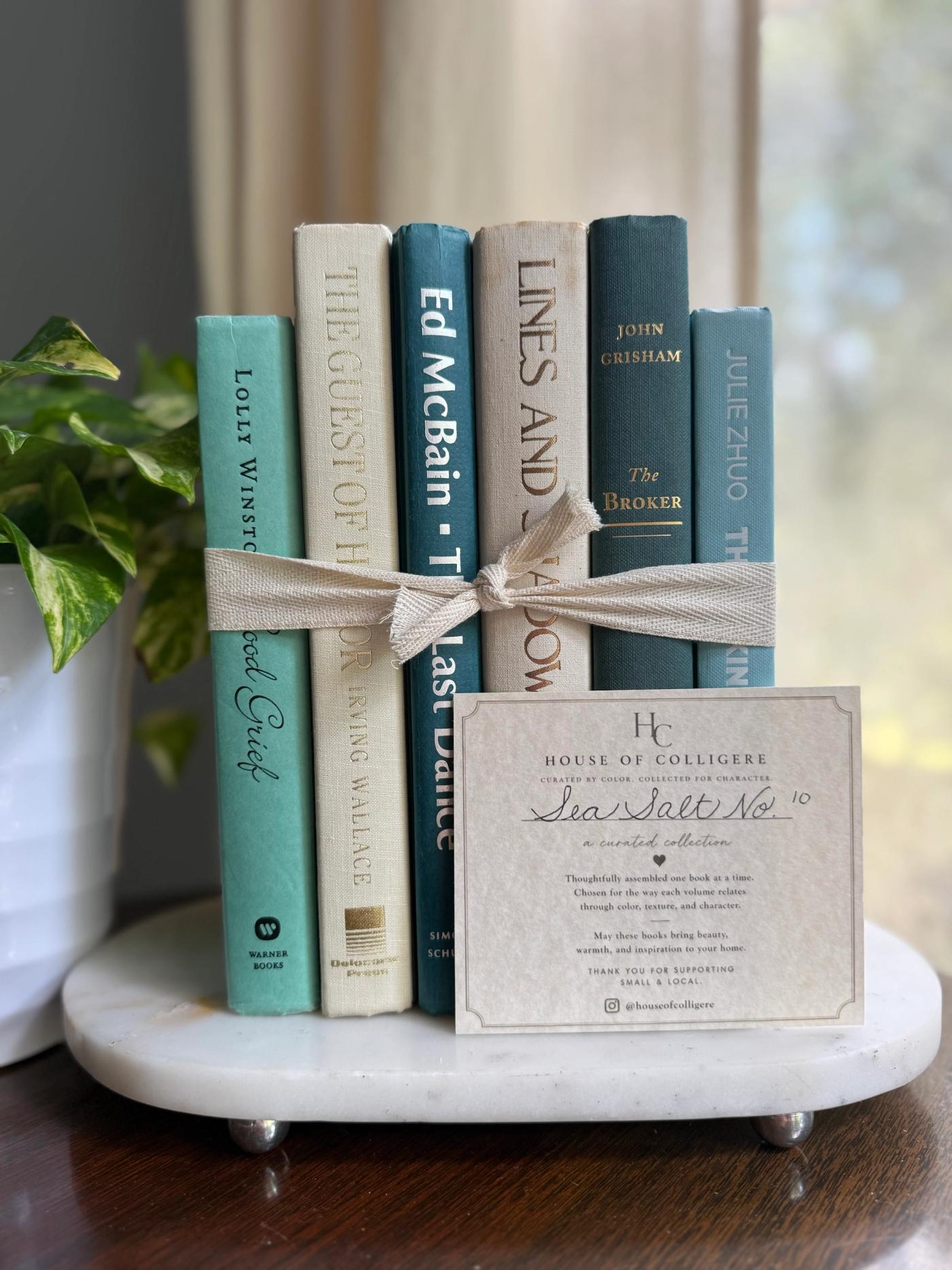 Curated collection of white, pale blue, sand, and soft coastal-neutral books with an airy, sun-faded look.