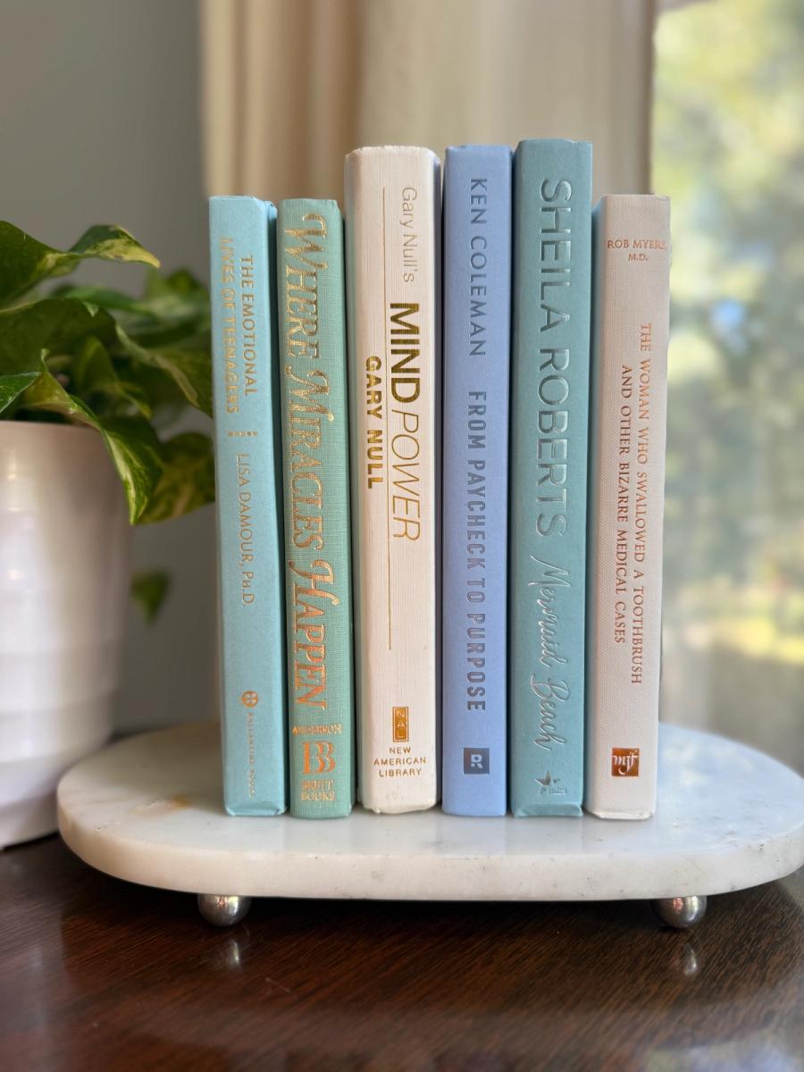 Curated collection of soft blue, aqua, seafoam, and muted coastal-toned books.