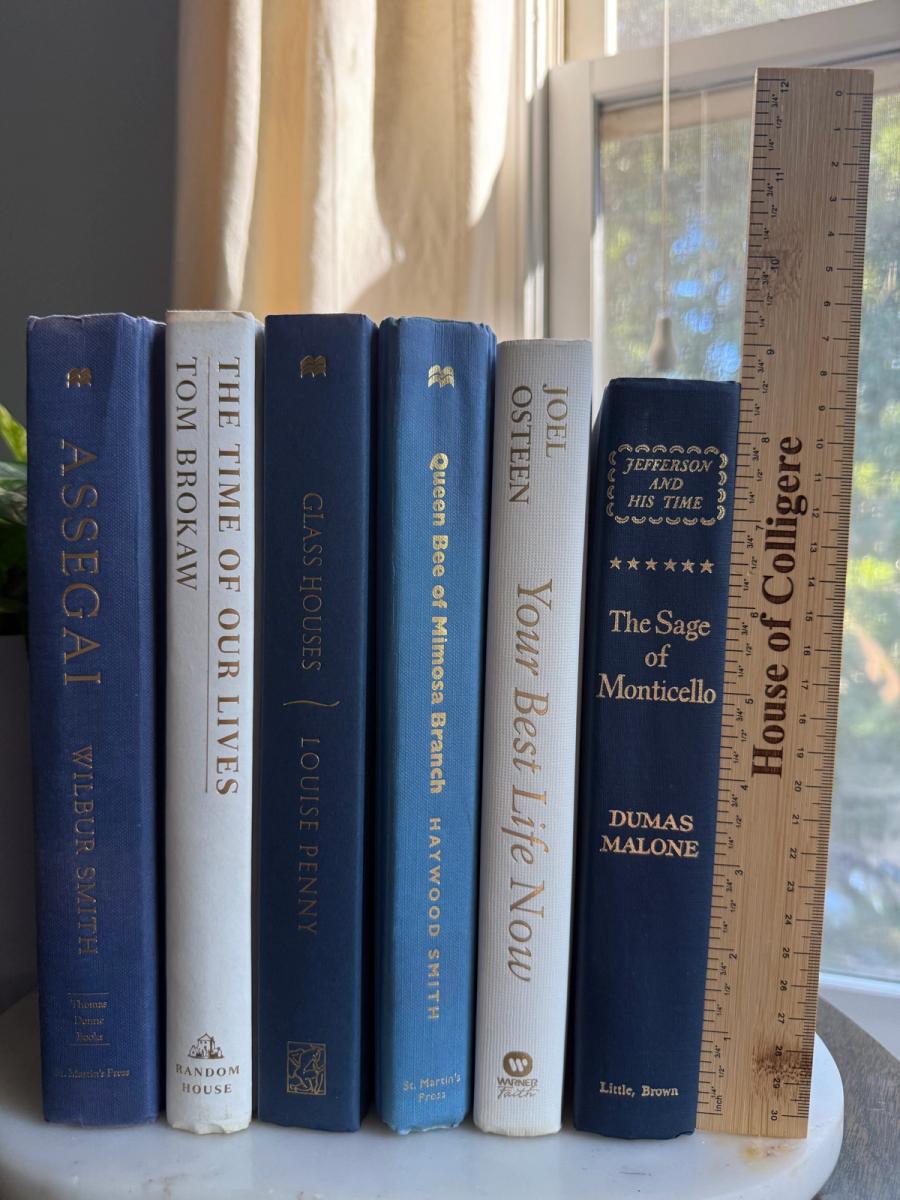 Curated collection of layered blue books ranging from pale coastal blue to deeper ocean tones.