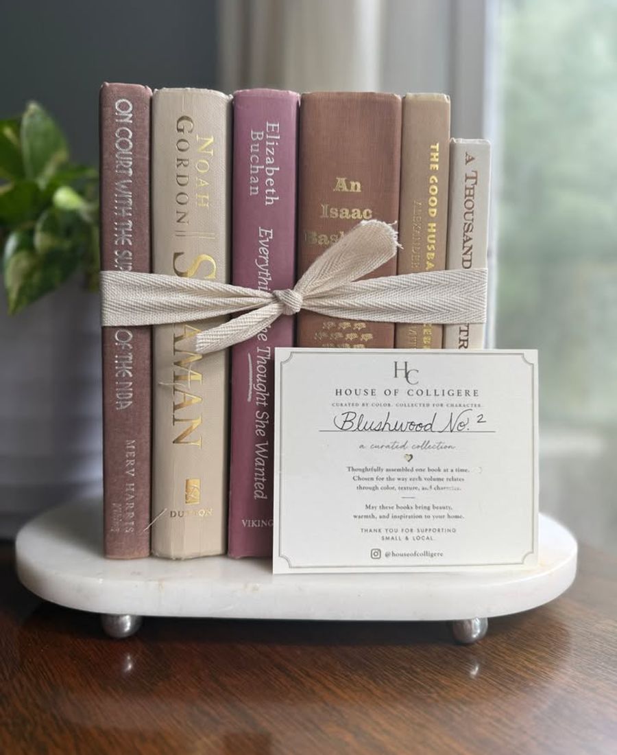 Curated collection of blush, dusty rose, warm taupe, and softly muted neutral books.