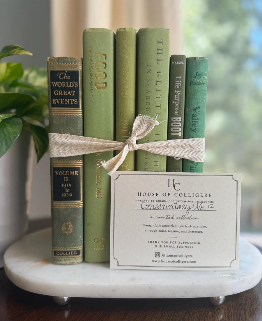 Curated collection of green books ranging from soft sage and olive to deeper botanical tones.