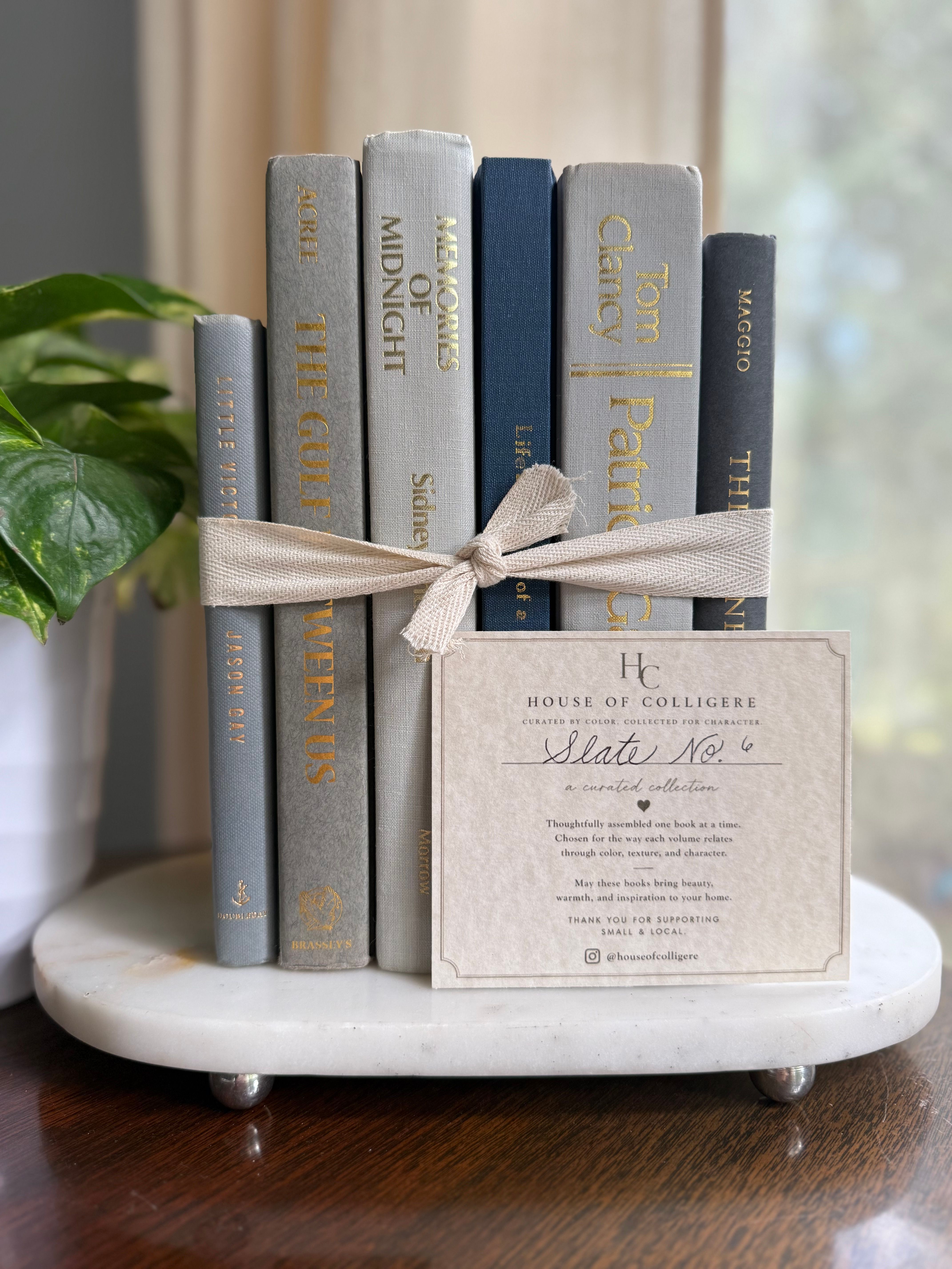 Curated collection of muted blue-gray, slate, charcoal, and softly weathered neutral books.