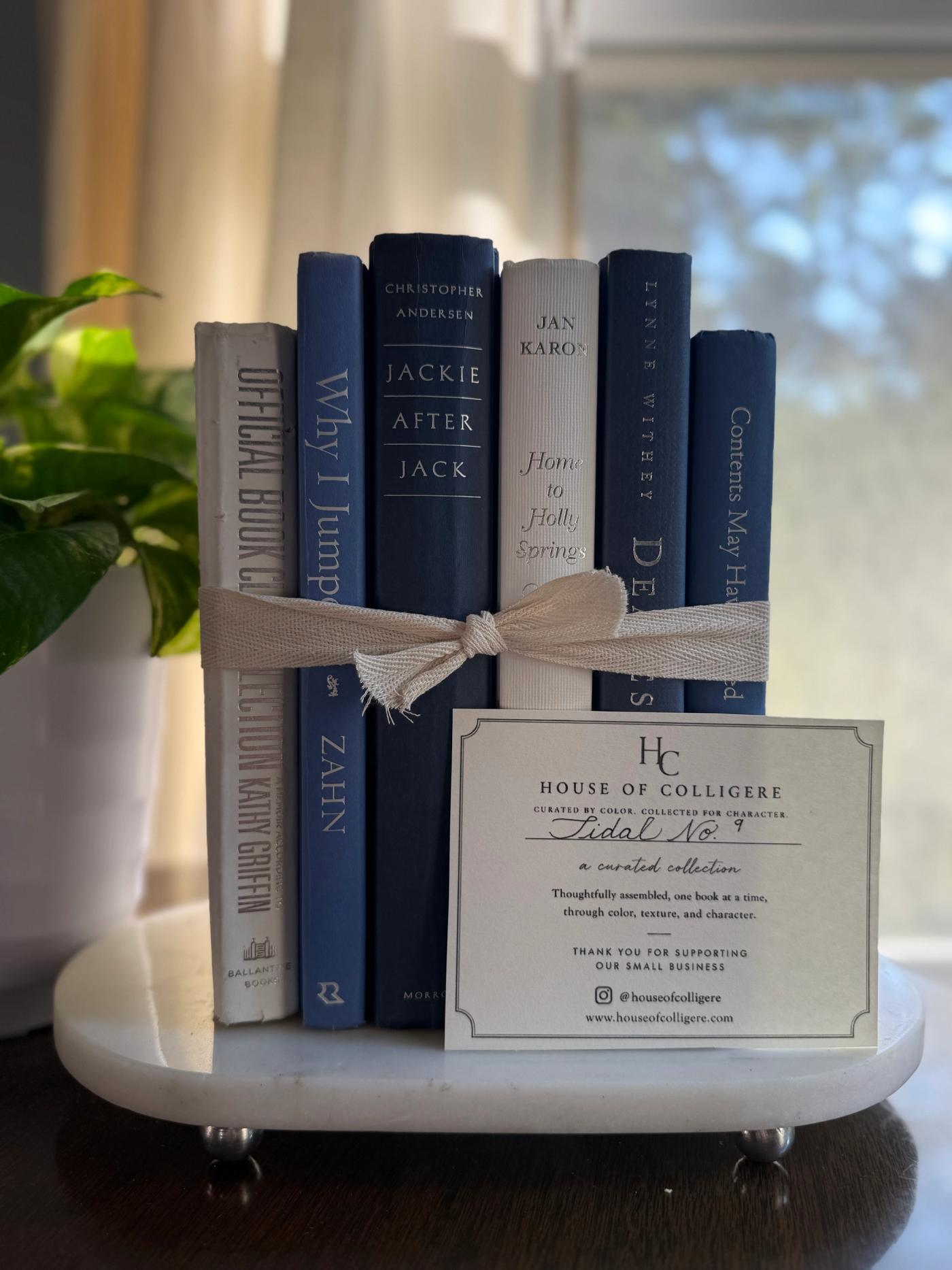 Curated collection of layered blue books ranging from pale coastal blue to deeper ocean tones.