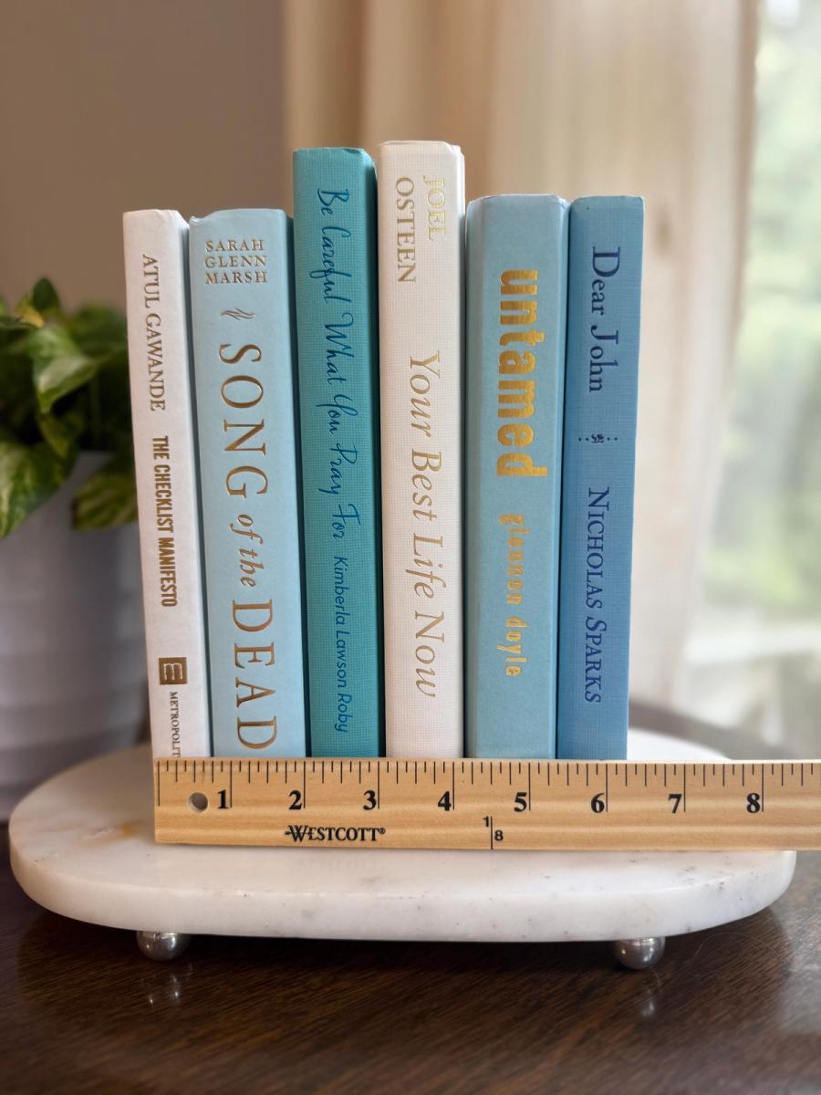 Curated collection of soft blue, aqua, seafoam, and muted coastal-toned books.