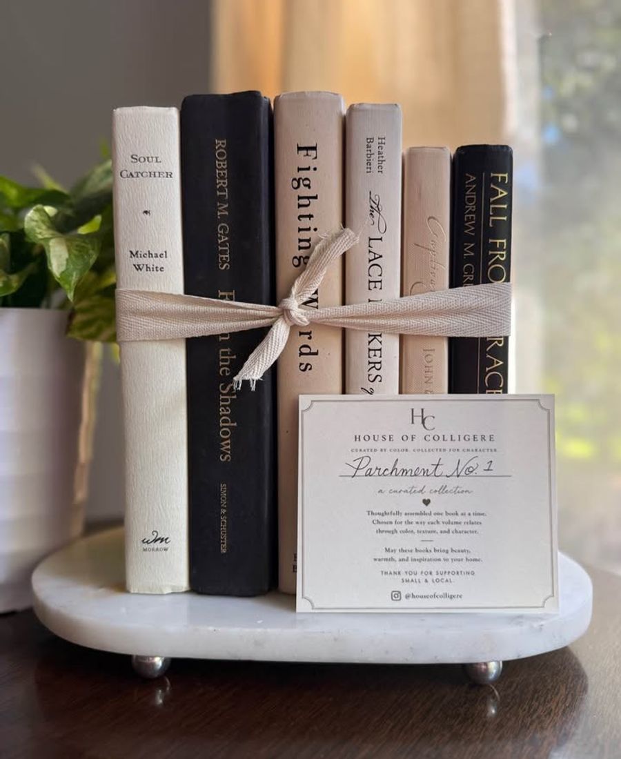 Curated collection of parchment, cream, warm beige, and black books with soft neutral contrast and classic detailing.